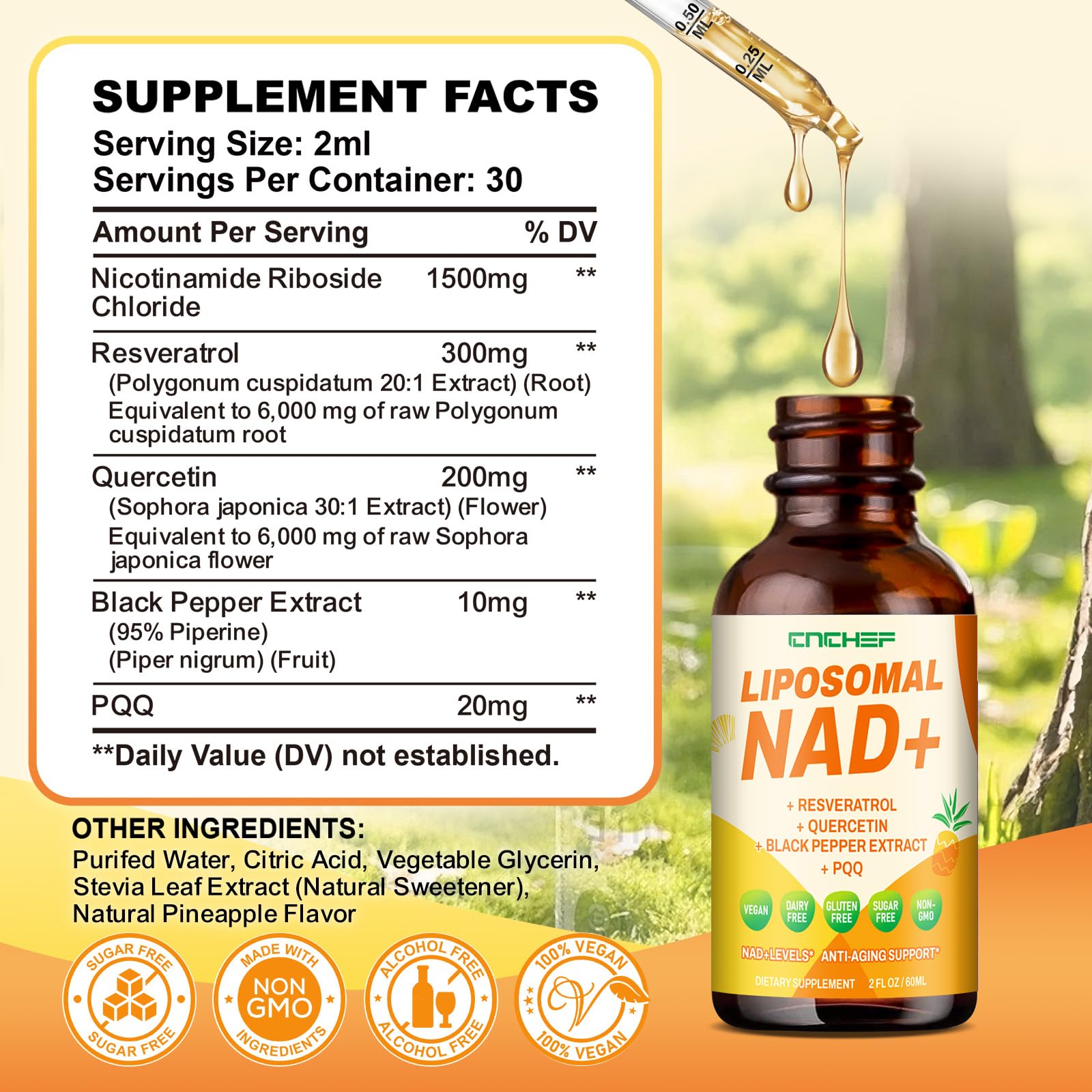 CNCHEF Liposomal NAD Supplement - 1500mg NAD+ Liquid Drop for Women & Men Nicotinamide Riboside Chloride & Resveratrol Complex - Cellular Renewal, Anti-Aging Support - 30 Servings (2 fl oz) CNCHEF buy supplements canada