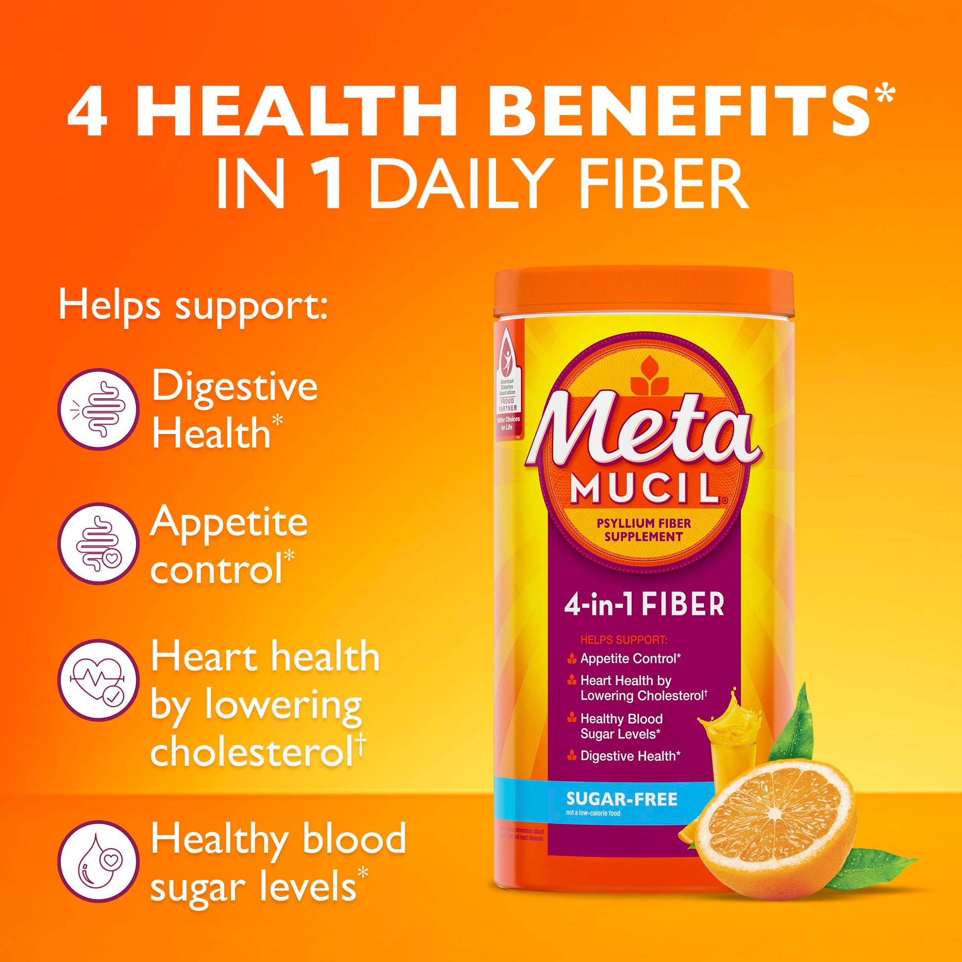 Metamucil 4-in-1 Psyllium Husk Friendly Fiber Supplement, Sugar-Free, 72 teaspoons, Orange Flavored, Daily Fiber Powder for Digestive Health Metamucil buy supplements canada