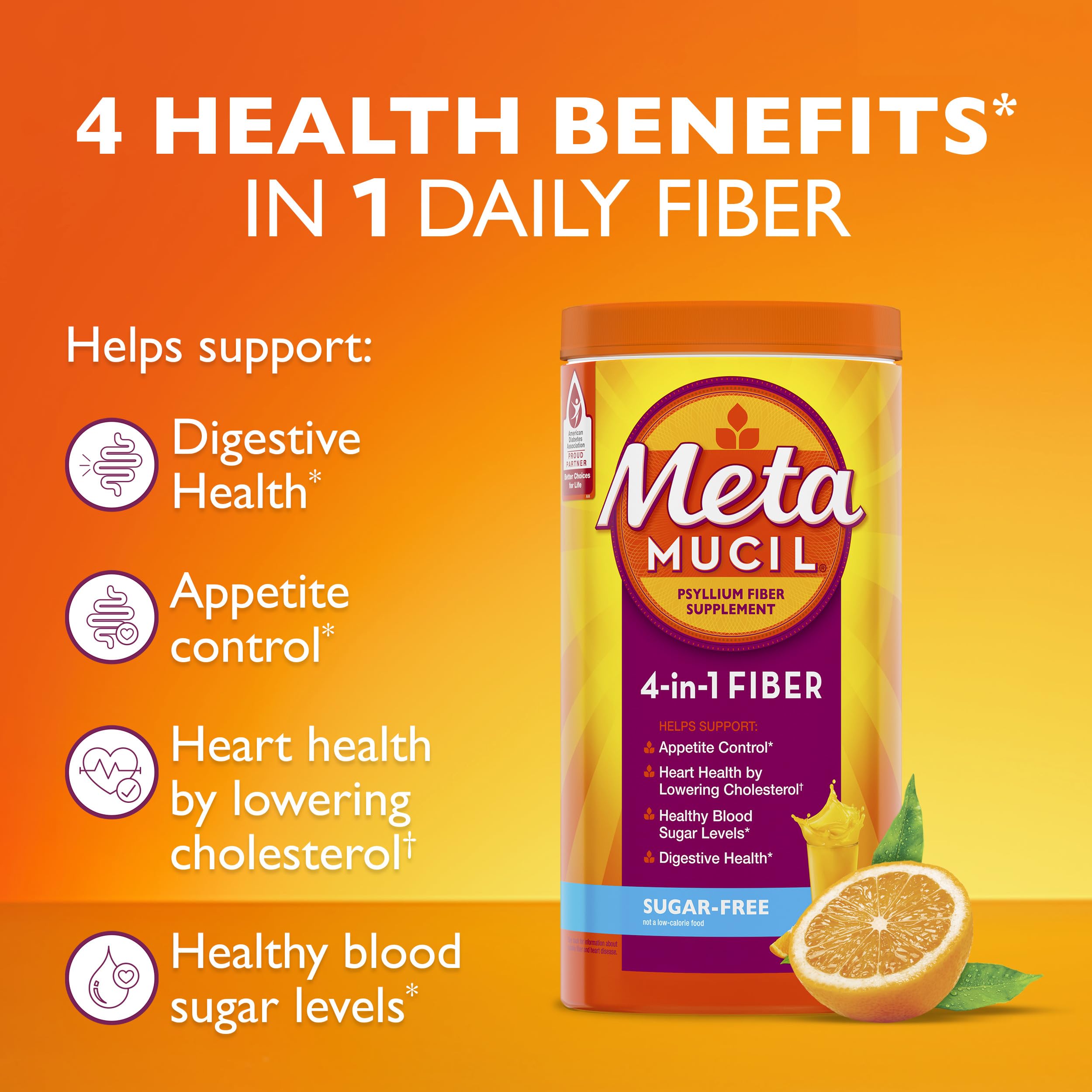 Metamucil 4-in-1 Psyllium Husk Friendly Fiber Supplement, Sugar-Free, 72 teaspoons, Orange Flavored, Daily Fiber Powder for Digestive Health Metamucil buy supplements canada