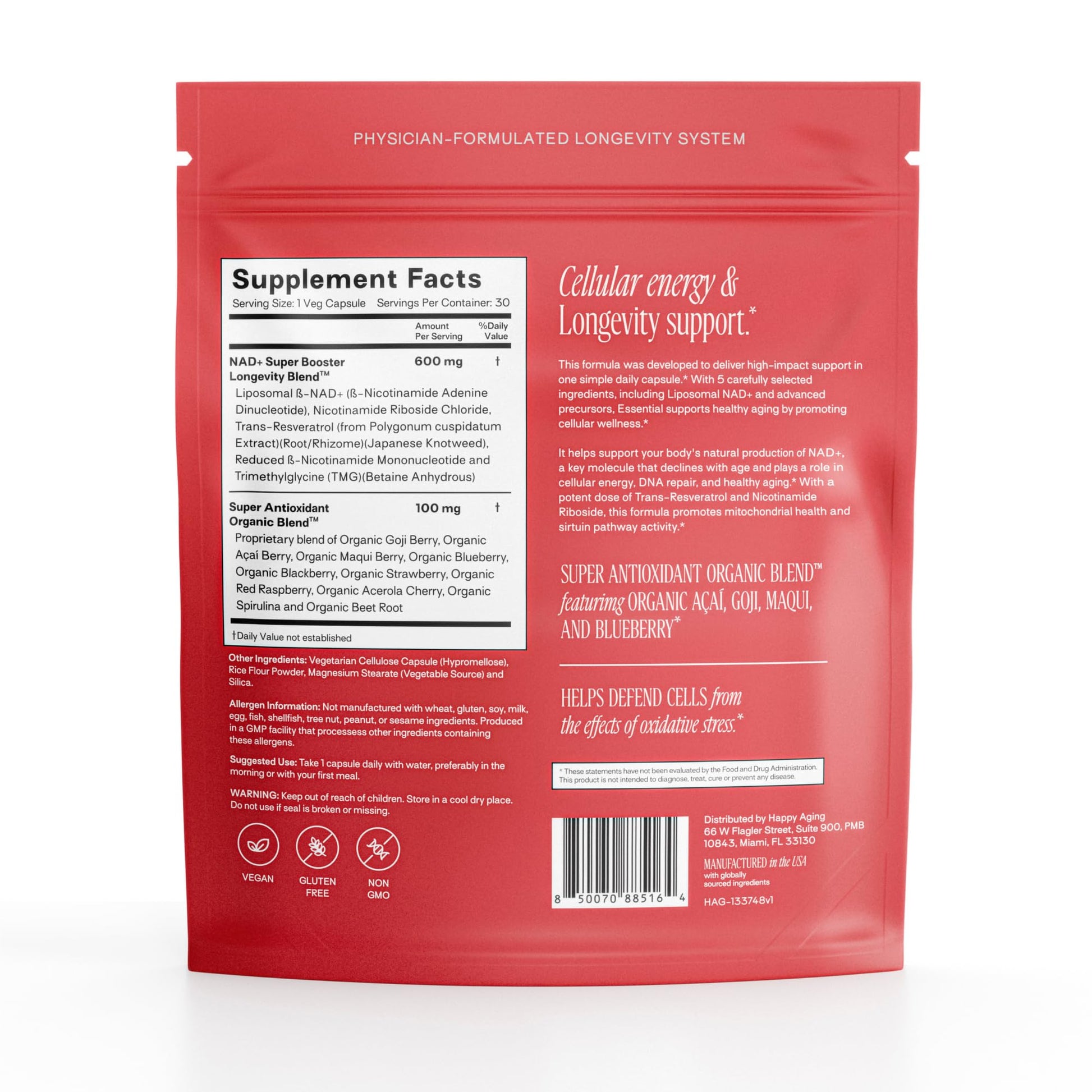 Happy Aging Essential Longevity Formula, NAD+ Super Booster with NR, NMNH & Liposomal β-NAD+, Organic Antioxidant Superfruit Blend for Cellular Energy, Skin Hydration & Daily Vitality, 30 Capsules Happy Aging buy supplements canada
