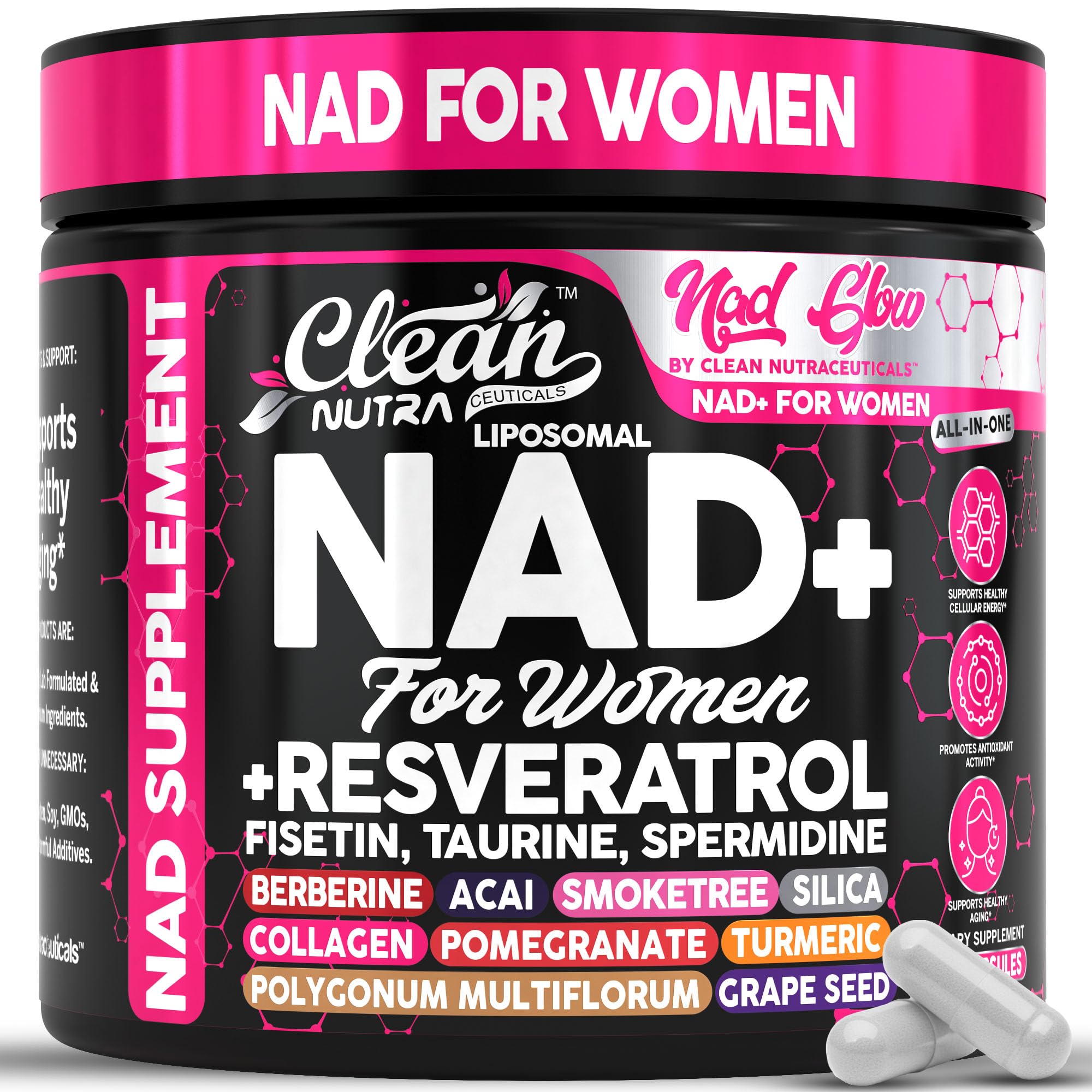 NAD+ Resveratrol Supplement for Women NAD Turmeric Vitamin C Acai Pomegranate Collagen Peptides Nicotinamide Riboside Fisetin Vitamin E Polygonum Multiflorum Berberine 90 Capsules by Clean Nutra Clean Nutraceuticals buy supplements canada