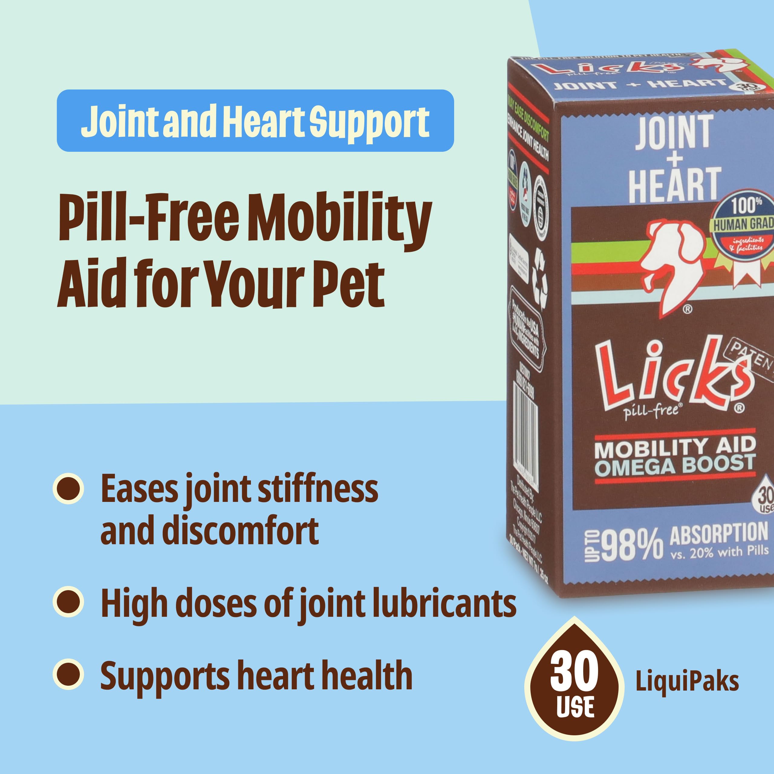 Licks Pill-Free Dog Joint and Heart - Glucosamine & Omega 3 Fish Oil Supplement for Dogs - Inflammation Supplements for Joint Support - Gel Packets - 30 Use Licks Pill Free buy supplements canada