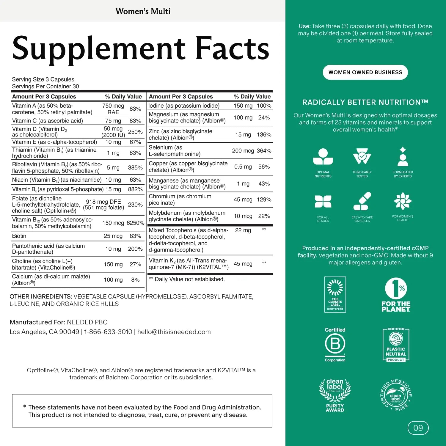 Needed. Multivitamin for Women with 23 Vitamins, Minerals and Antioxidants - Daily Womens Multivitamin Needed. buy supplements canada