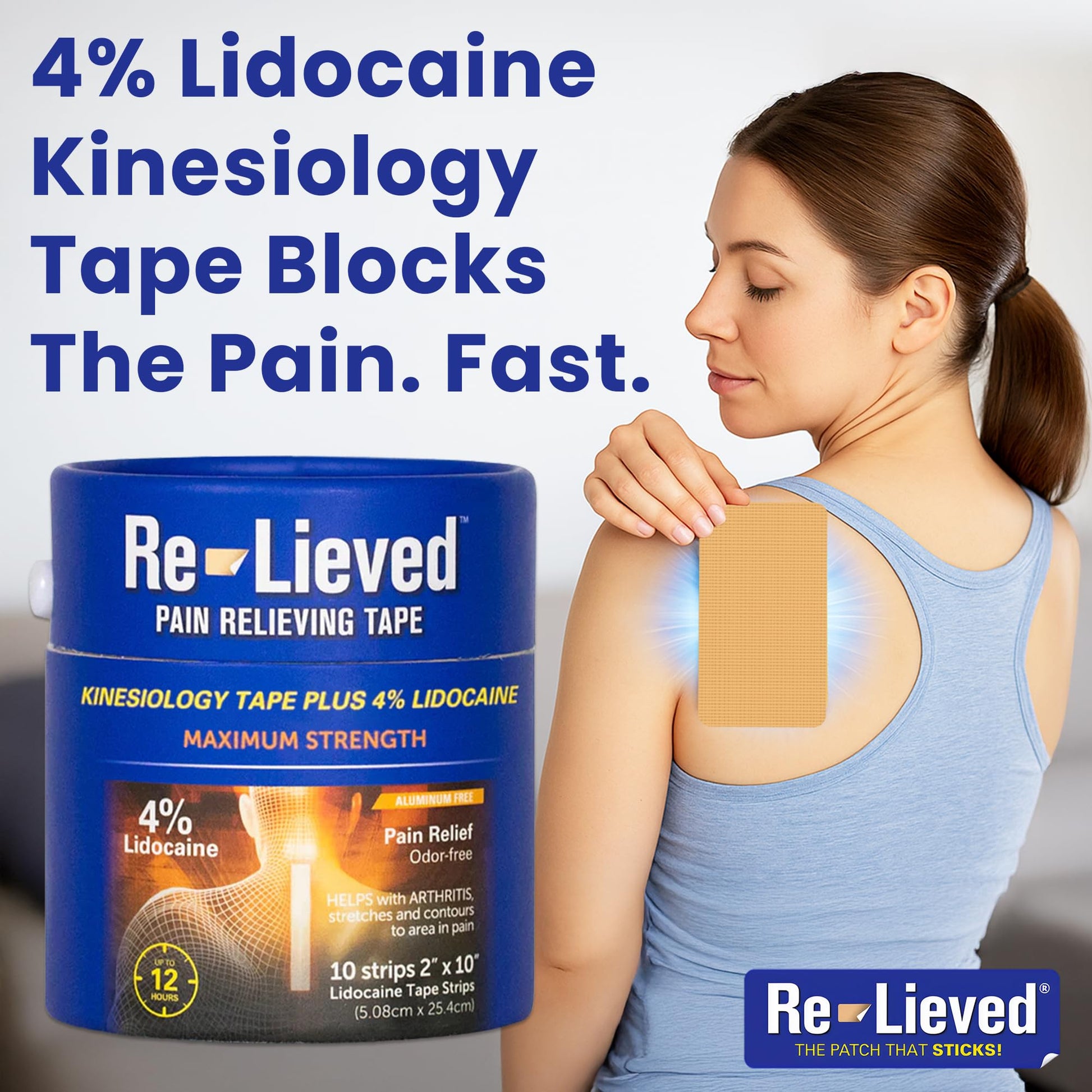 4% Lidocaine Maximum Strength Pain Relief Kinesiology Tape - Relieves Back, Joints and Muscle Pains - Superior Sticking, Aluminum-Free Water Resistant, and USA Made - 2" x 10" Strips Re-lieved buy supplements canada