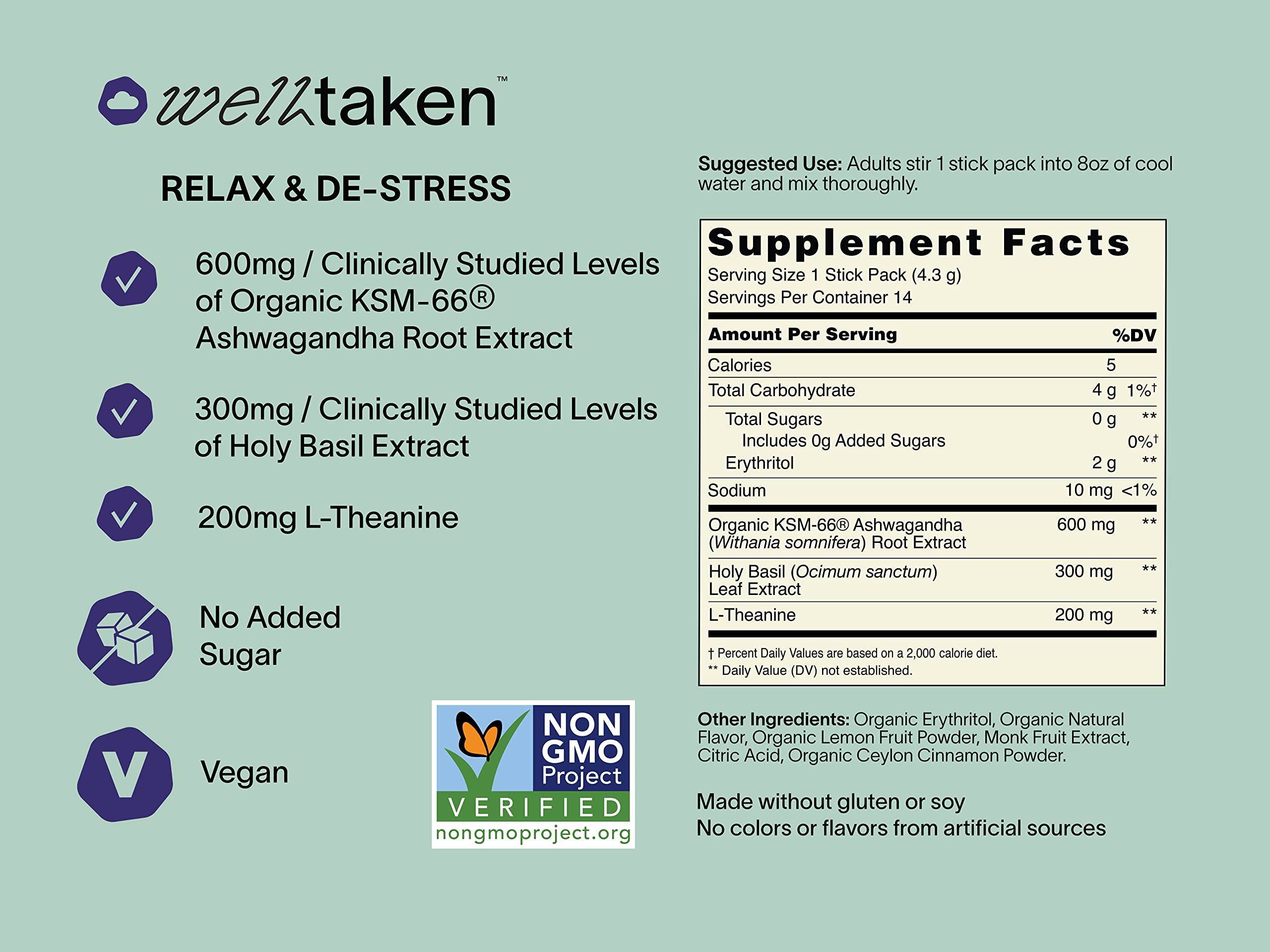 WellTaken Ashwagandha Relax & De-Stress Powder - Lemon Lavender 14ct Box - 600mg Ashwagandha, 200mg L-Theanine, Holy Basil – Supports Stress, Relaxation – Vegan, No Added Sugar - 14 Servings WellTaken buy supplements canada