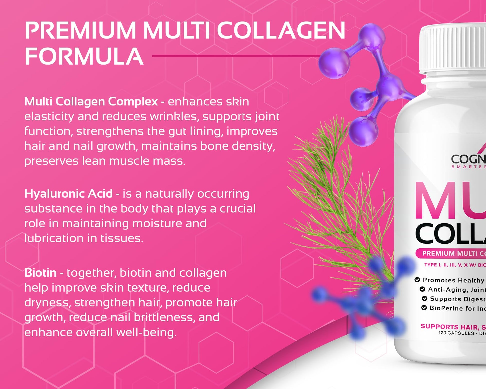 CogniTune Multi Collagen Peptides for Women with Biotin, Hyaluronic Acid, Vitamin C - 5 Types I II III V X Colageno Hidrolizado - 2000mg Hair Skin Nails Joints Support - 120 Capsules CogniTune buy supplements canada