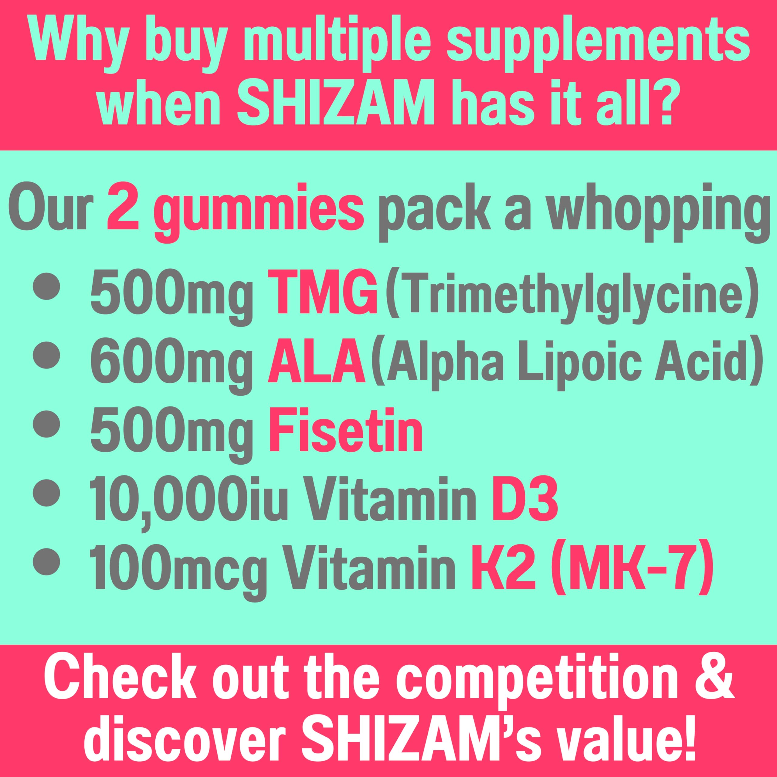 SHIZAM TMG Betaine Alpha Lipoic Acid ALA D3 Fisetin Gummies, Tri-Methylglycine trimethylglycine R-Alpha NAD+ Plus + HCL Supplements, Mitochondrial Senolytic Activator, NR Capsules Powder 600mg 1000mg SHIZAM buy supplements canada