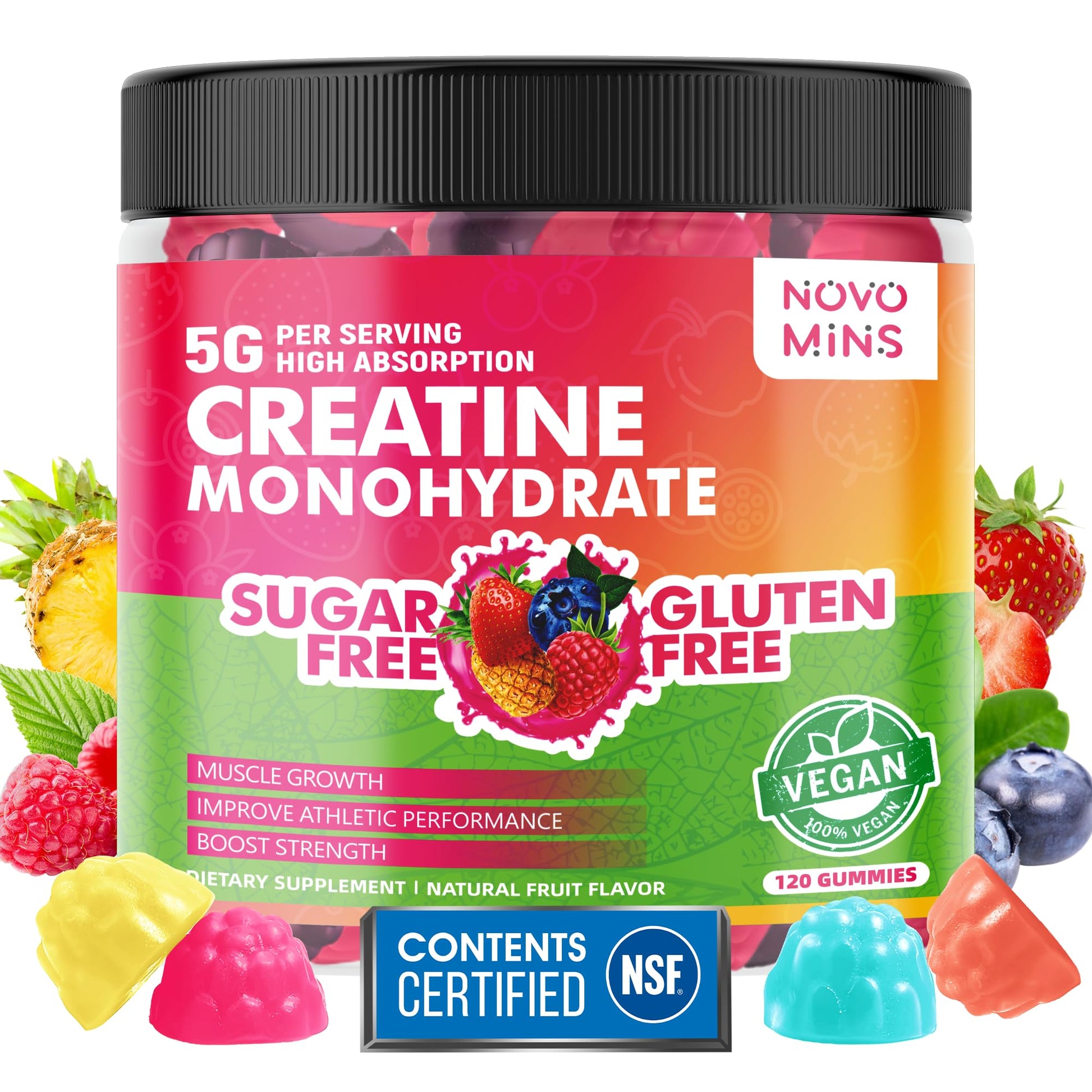 NSF Certified Creatine Gummy - Creatine Monohydrate Gummies 5000mg for Men & Women, Chewables Creatine Monohydrate for Muscle Strength, Muscle Builder, Energy Boost, Pre-Workout Supplement(120 Count) novomins buy supplements canada