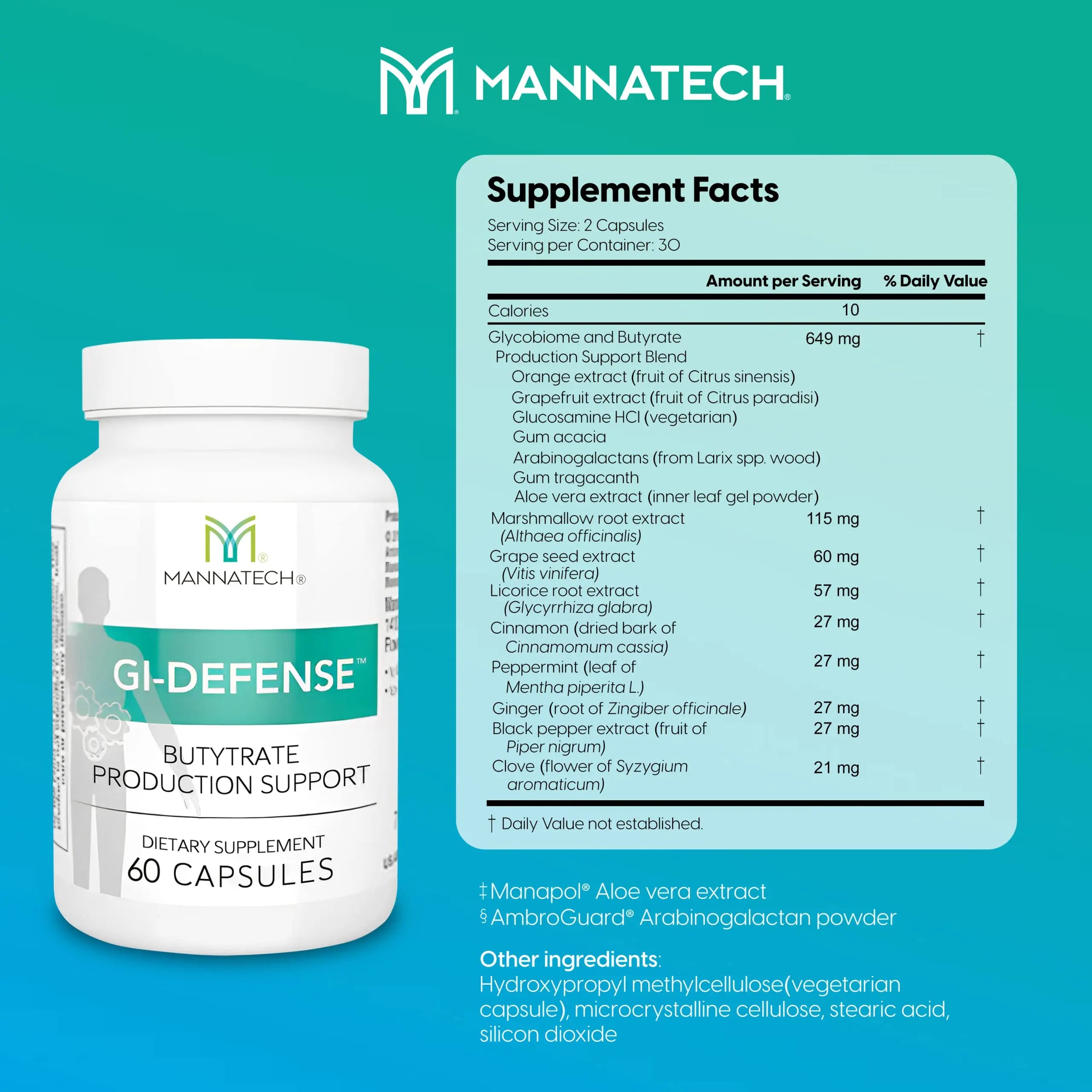 Mannatech Butyrate Supplement - Supports Gut Barrier Function, Intestinal Health, and Digestive Comfort - Promotes Short Chain Fatty Acid Production, Immune Support Supplement GI-Defense 60 Capsules Mannatech buy supplements canada
