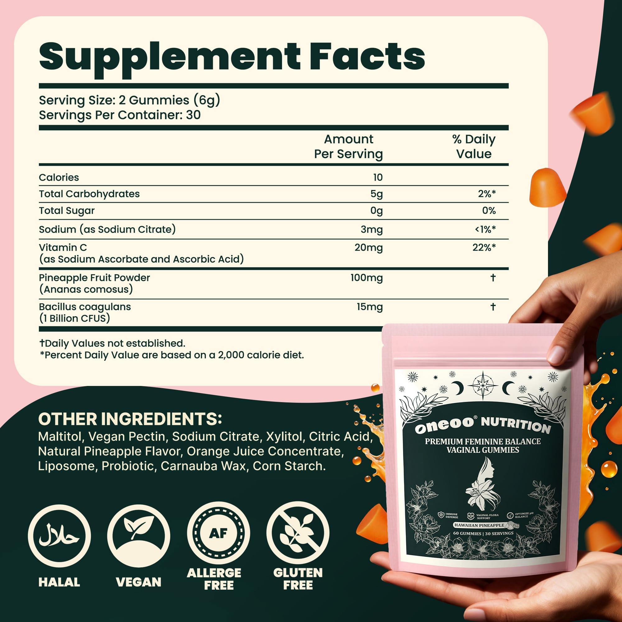 Oneoo Feminine Balance Gummies - Premium Balance Gummies for Women's pH Health, Feminine Gummy for Immune & Energy Support, Vegan, Gluten-Free, Hawaiian Pineapple, 60 Count Oneoo buy supplements canada