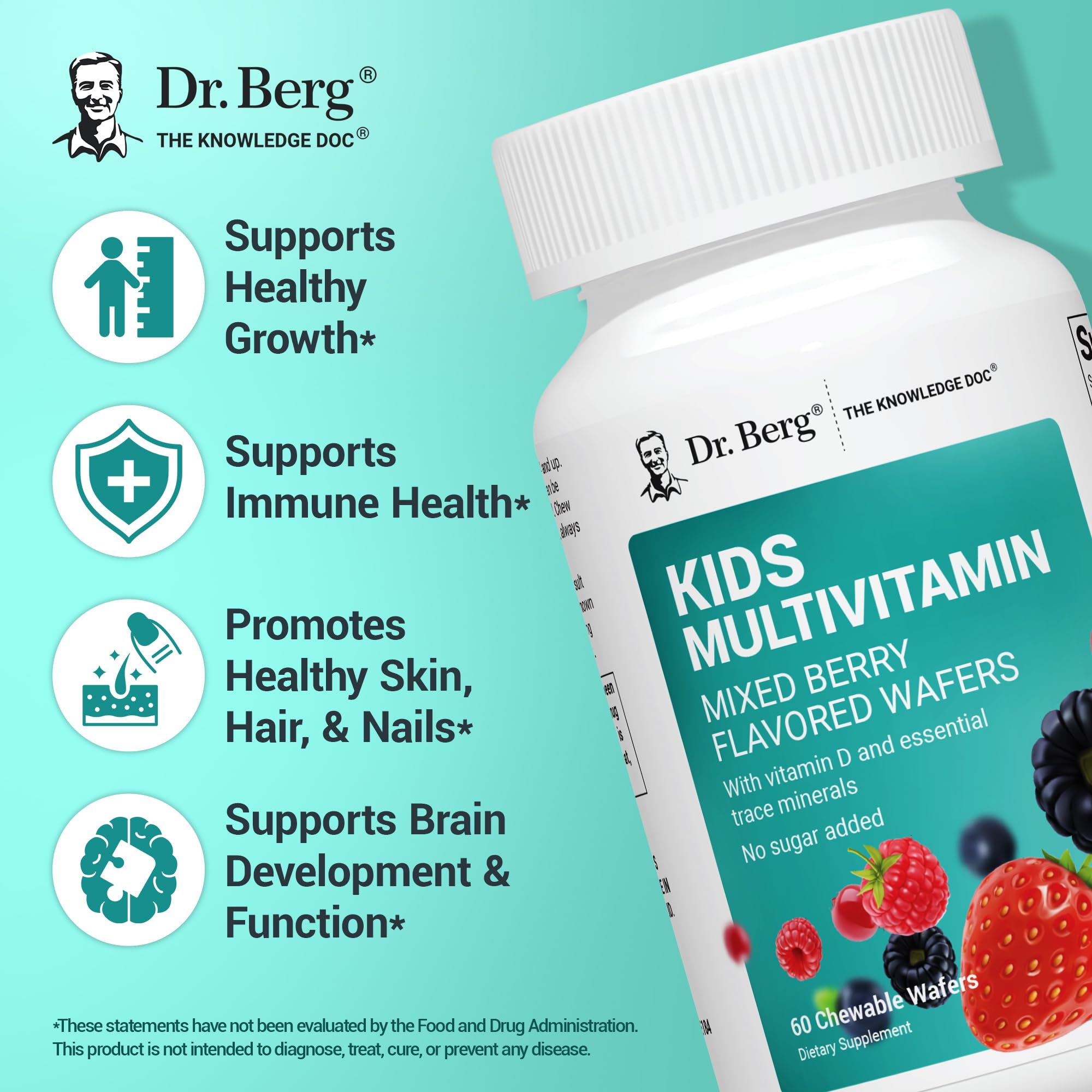 Dr. Berg Kids Chewable Multivitamins (NOT Sweetened w/Sugar) - Daily Multivitamin for Kids that Includes 20 Nutrients & Trace Mineral Complex - Mixed Berry Chewable Vitamins for Kid - Red Wafers Dr. Berg Nutritionals buy supplements canada