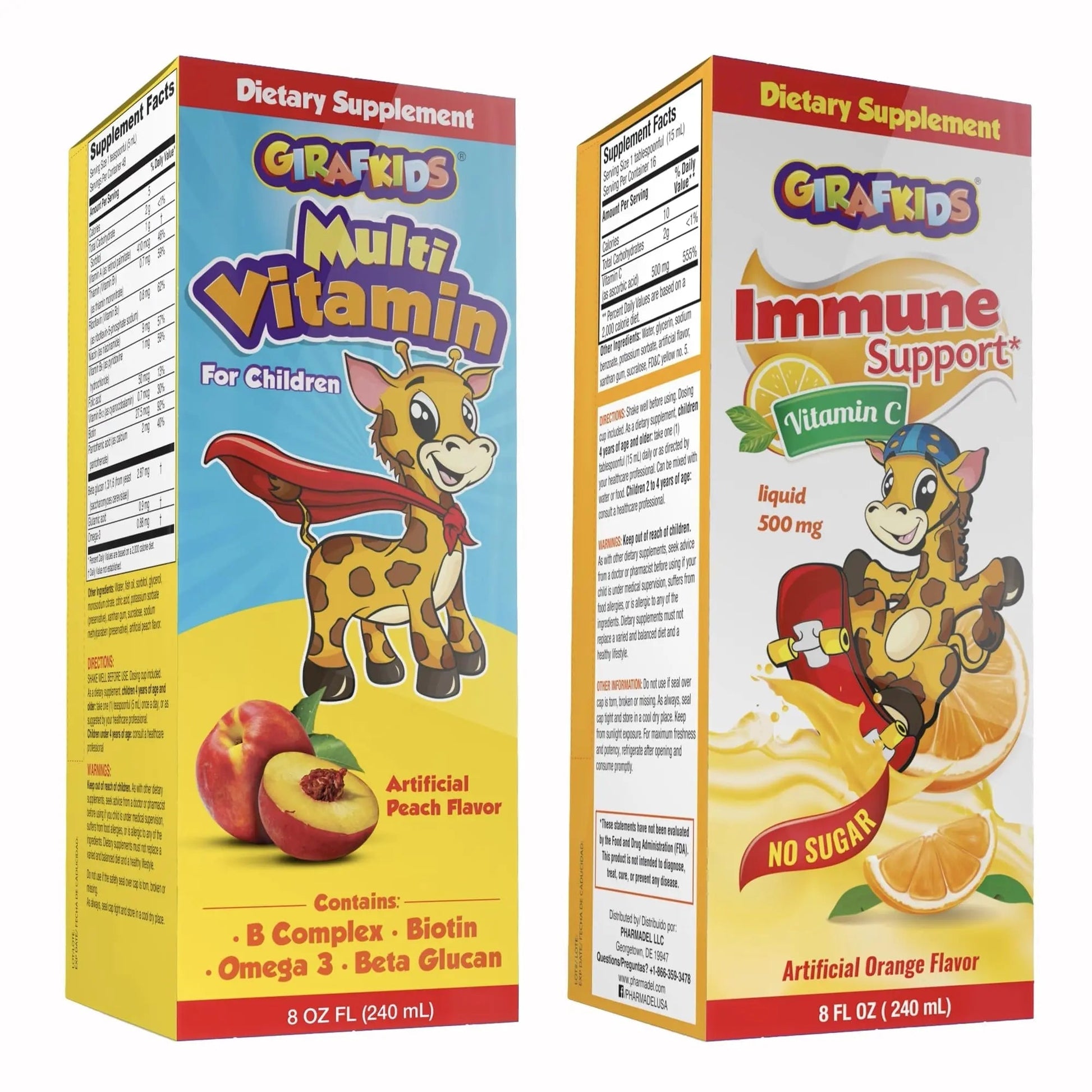 GirafKids Multivitamin Syrup + Liquid Vitamin C Bundle for Kids Ages 4+ | Omega-3, Beta Glucan, Folic Acid & Antioxidant Support | Peach & Orange Flavors PHARMADEL buy supplements canada