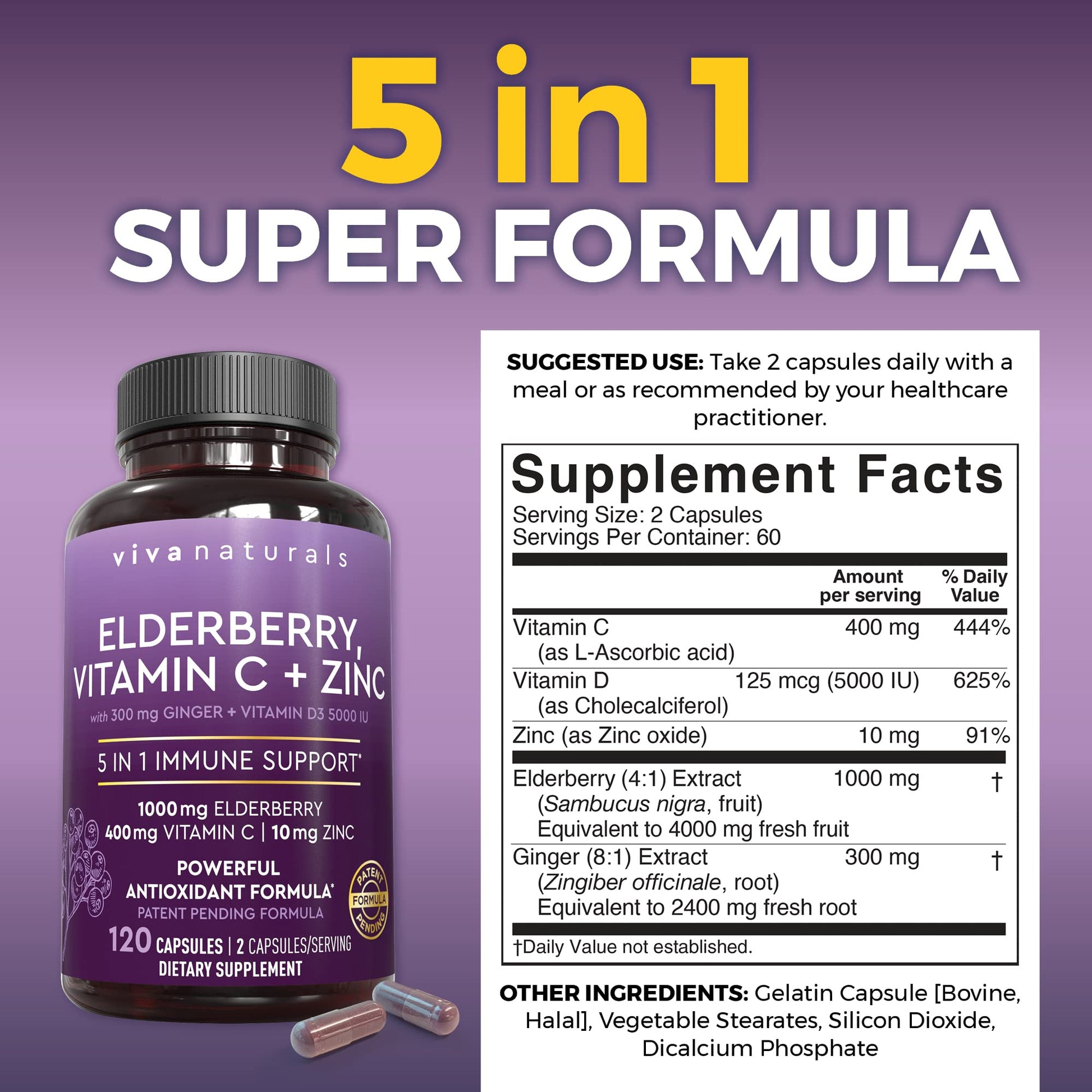 Viva Naturals Elderberry with Vitamin C and Zinc for Adults - 5 in 1 Sambucus Black Elderberry Capsules with Vitamin D3 5000 IU Immunity Supplement Viva Naturals buy supplements canada