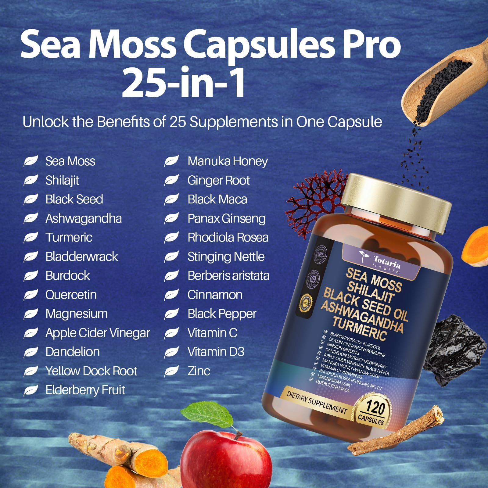 25-in-1 Sea Moss Black Seed Oil Ashwagandha Ginger Shilajit Supplement, Sea Moss Capsules Pro with Bladder Burdock Ceylon Cinnamon Berberine ACV Manuka VIT C & D3 for Men Women, 120 Vegan Caps Totaria buy supplements canada