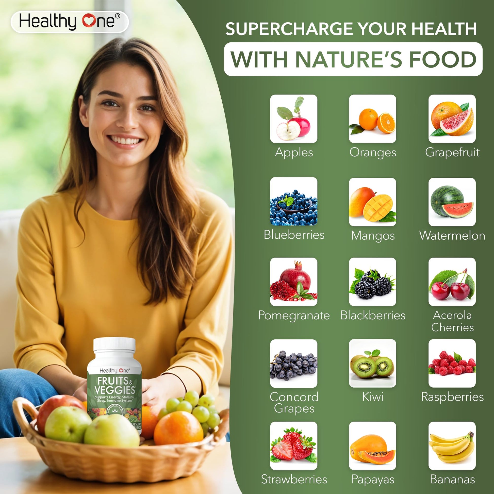 Fruits & Veggies Formula - 27 Premium Whole Foods - Organic Ingredients - Equals 3 Servings of Fruits & Vegetables - Improve Energy, Focus & Immune Function - Fiber - Antioxidants - 120ct (60 Serv) Healthy One buy supplements canada