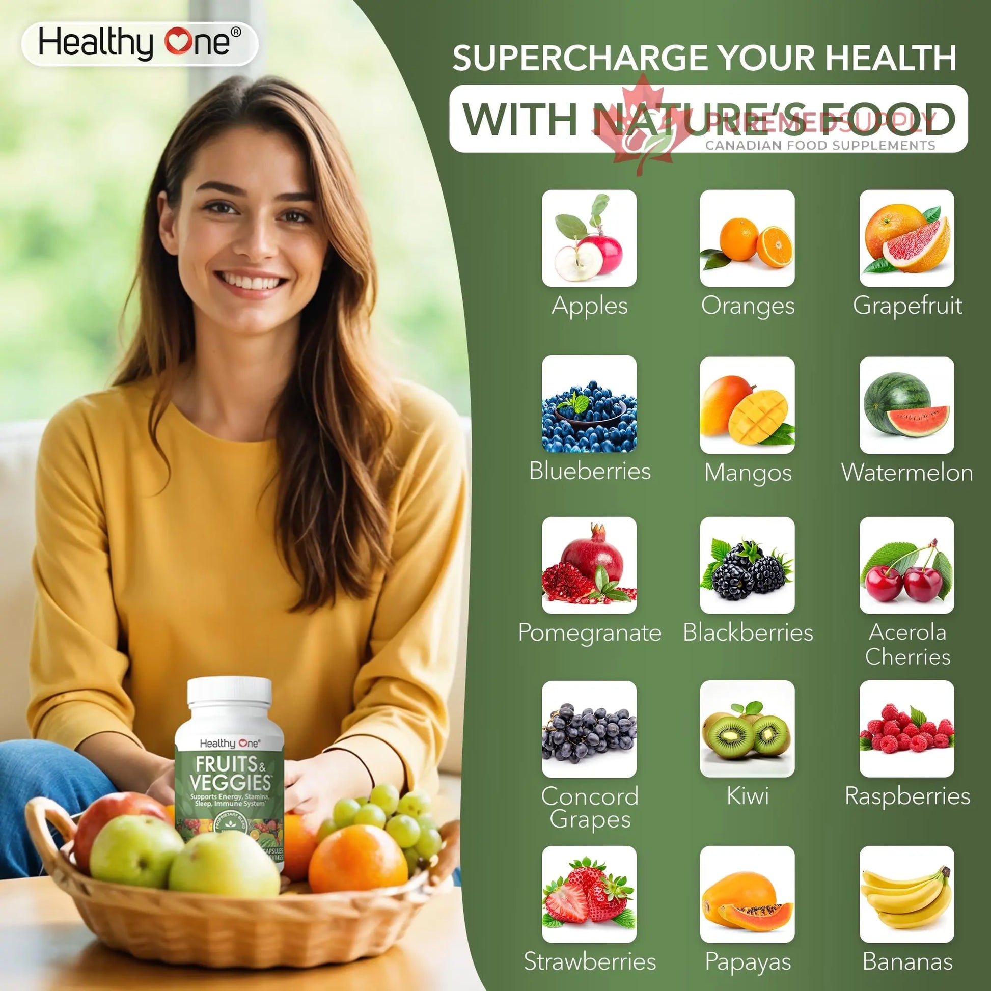 Fruits & Veggies Formula - 27 Premium Whole Foods - Organic Ingredients - Equals 3 Servings of Fruits & Vegetables - Improve Energy, Focus & Immune Function - Fiber - Antioxidants - 120ct (60 Serv) Healthy One buy supplements canada