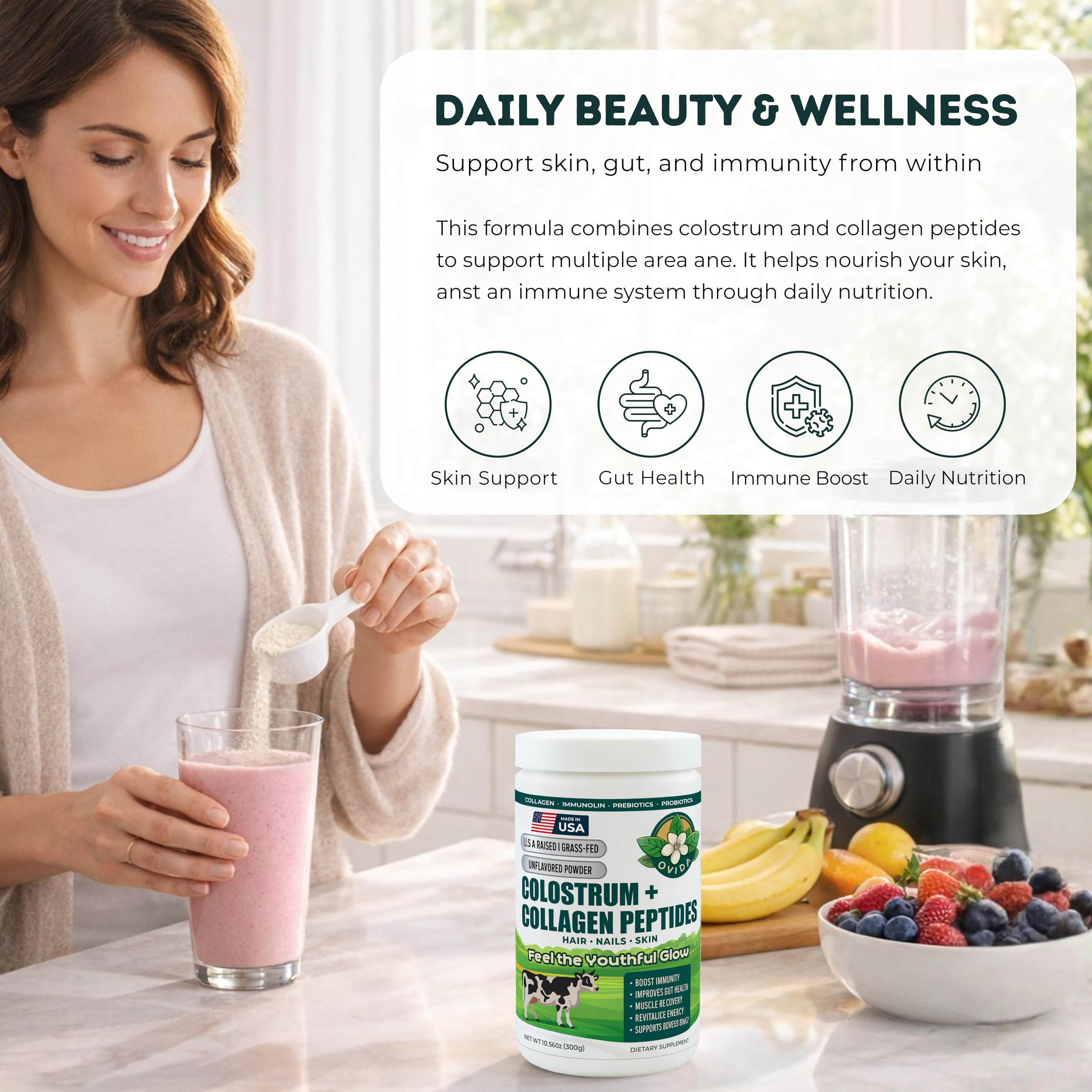 Bovine Colostrum and Hydrolyzed Collagen Peptides Powder Supplement for Women & Men - Supports Gut Health, Joint & Bone Health, Hair Skin Nails - Grass-Fed, Non-GMO, Gluten Free, 300g (30 Servings) OVIDA buy supplements canada