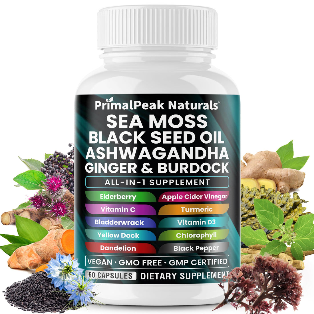 PrimalPeak Naturals Sea Moss Black Seed Oil Ashwagandha Ginger Burdock Bladderwrack Turmeric & Vitamin C Vitamin D3 with ACV Elderberry Chlorophyll Dandelion Yellow Dock Vegan Capsules - 60 Count PrimalPeak Naturals buy supplements canada