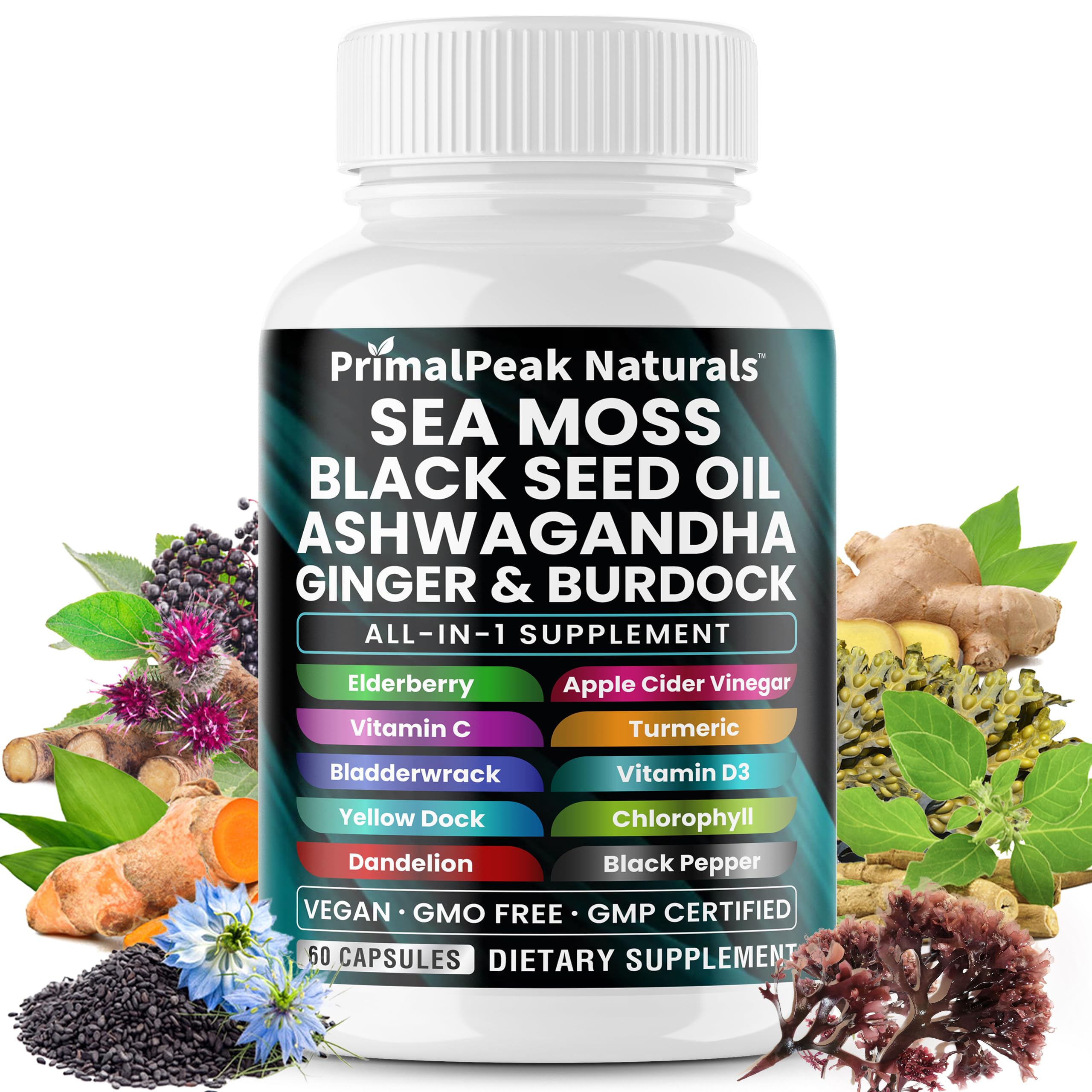PrimalPeak Naturals Sea Moss Black Seed Oil Ashwagandha Ginger Burdock Bladderwrack Turmeric & Vitamin C Vitamin D3 with ACV Elderberry Chlorophyll Dandelion Yellow Dock Vegan Capsules - 60 Count PrimalPeak Naturals buy supplements canada