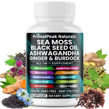 PrimalPeak Naturals Sea Moss Black Seed Oil Ashwagandha Ginger Burdock Bladderwrack Turmeric & Vitamin C Vitamin D3 with ACV Elderberry Chlorophyll Dandelion Yellow Dock Vegan Capsules - 60 Count PrimalPeak Naturals buy supplements canada