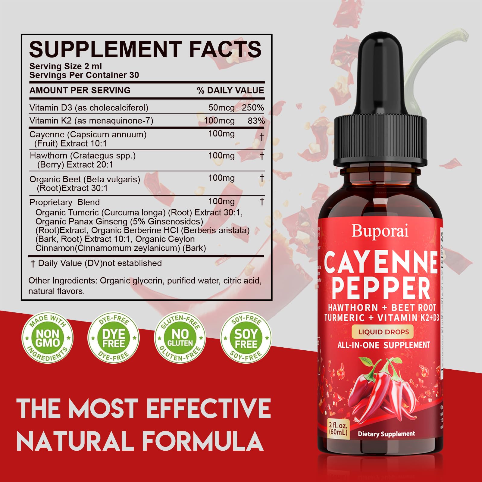 Buporai Cayenne Pepper Drops, Cayenne Pepper Extract Liquid Supplement for Overall Well-Being, 2 fl oz, Vitamin D3 K2 Beet Root Powder Buporai buy supplements canada
