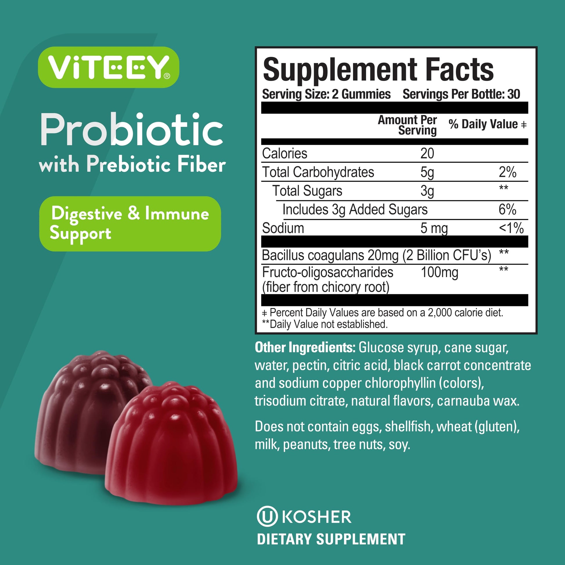 Viteey Probiotic Gummies with Prebiotics – Gut Health Supplements for Digestive Health – 2 Billion CFUs – Vegan, Gluten-Free – 60 Count Viteey buy supplements canada