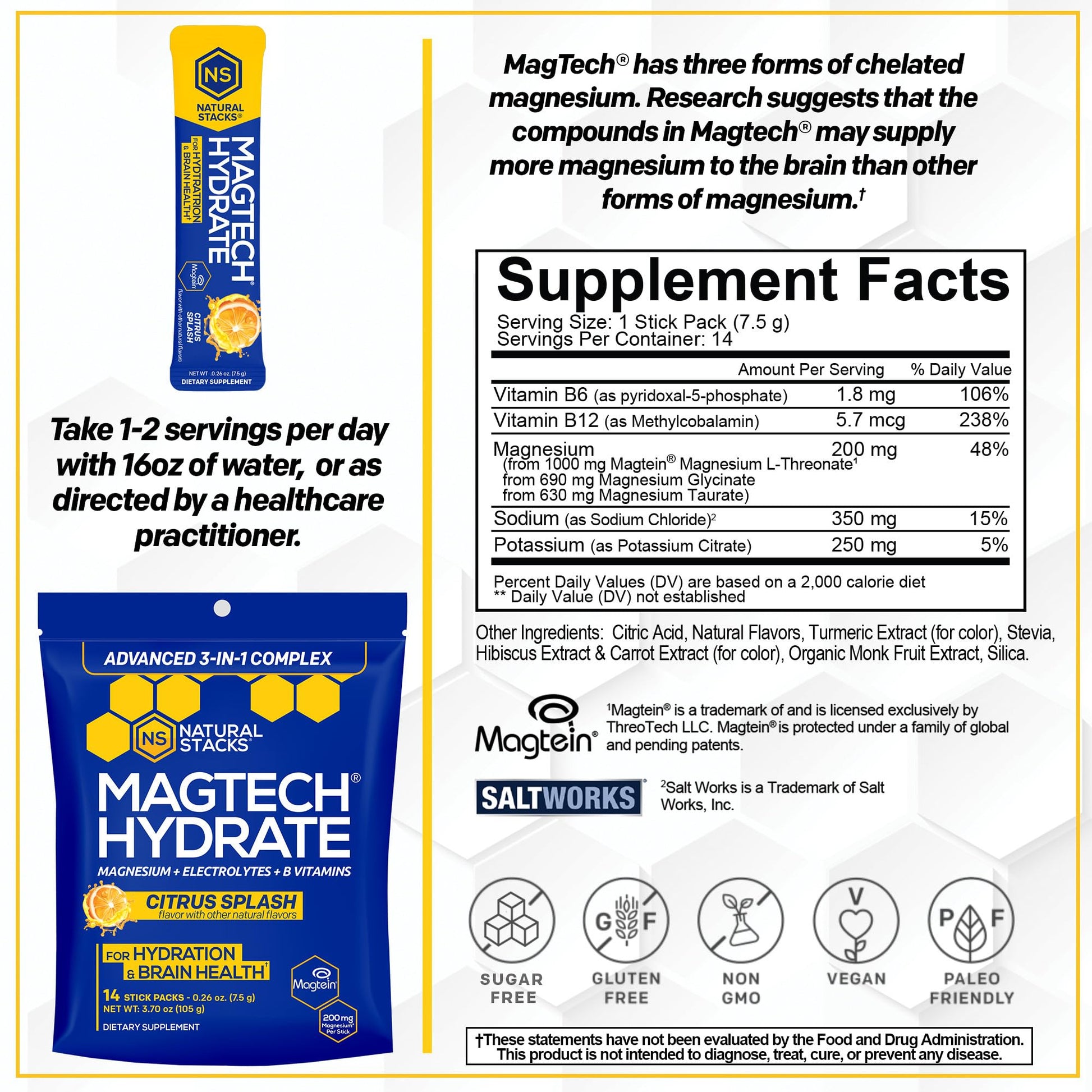 MagTech Magnesium Hydrate Packets - Sugar Free Hydration Powder - Magtein Magnesium L-Threonate, Glycinate & Taurate - 200mg Chelated Triple Complex - Supports Hydration & Brain Health* - 14 Servings NATURAL STACKS buy supplements canada