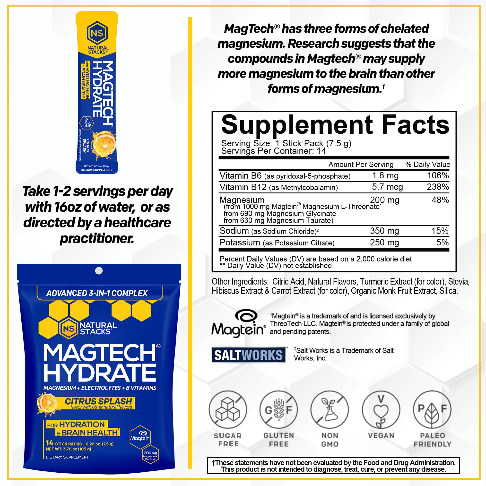 MagTech Magnesium Hydrate Packets - Sugar Free Hydration Powder - Magtein Magnesium L-Threonate, Glycinate & Taurate - 200mg Chelated Triple Complex - Supports Hydration & Brain Health* - 14 Servings NATURAL STACKS buy supplements canada