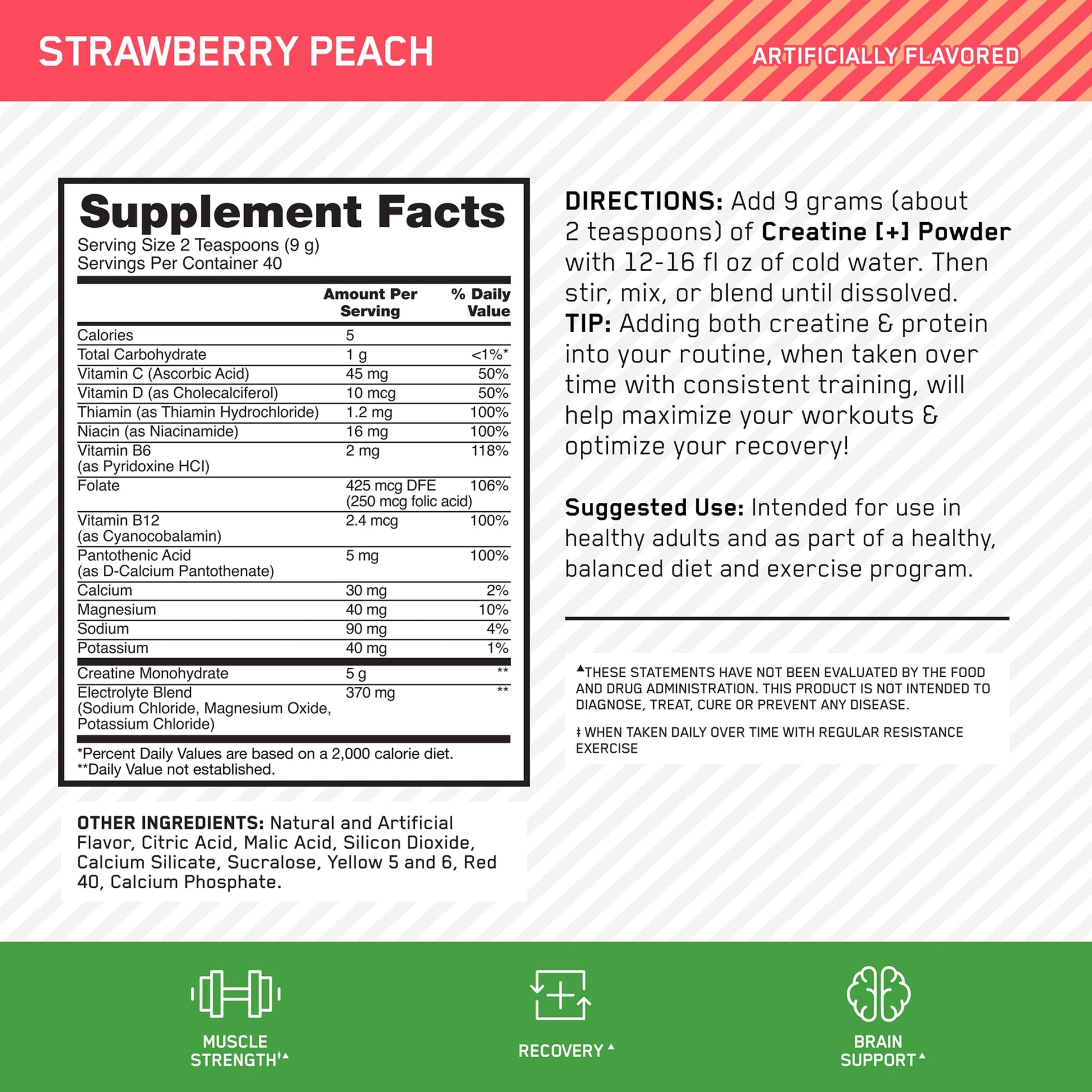 Optimum Nutrition Creatine Monohydrate Plus Powder, Strawberry Peach Flavored Creatine Performance Blend, with Electrolytes for Hydration, Added Vitamins Optimum Nutrition buy supplements canada