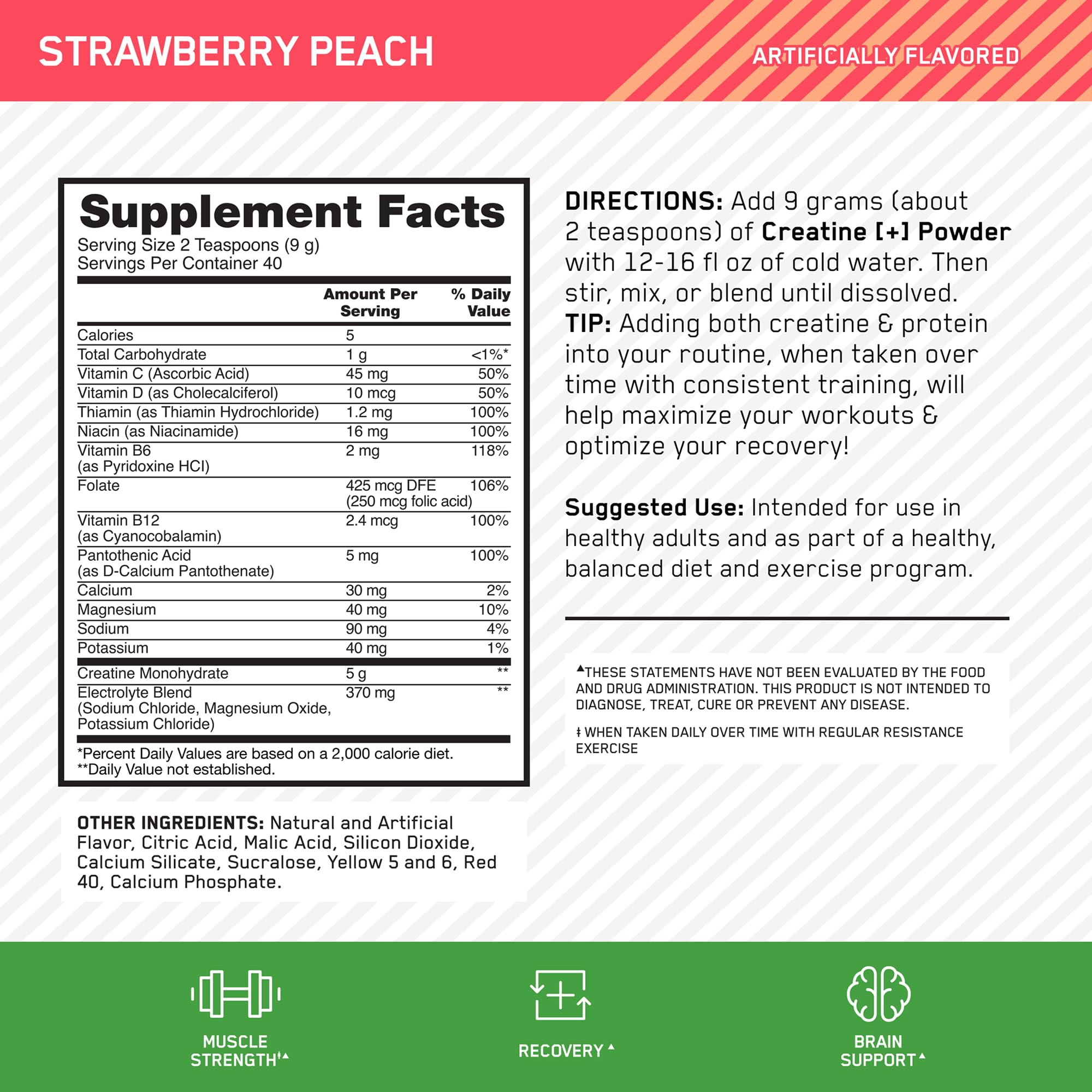 Optimum Nutrition Creatine Monohydrate Plus Powder, Strawberry Peach Flavored Creatine Performance Blend, with Electrolytes for Hydration, Added Vitamins Optimum Nutrition buy supplements canada