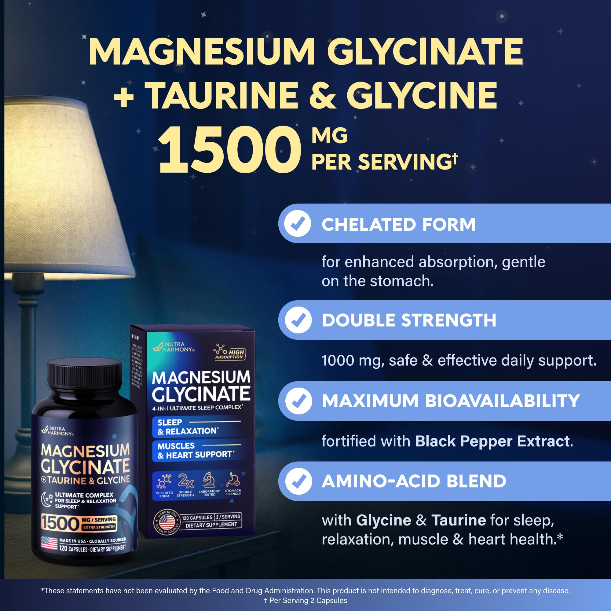 Magnesium Glycinate - Sleep & Relaxation Support - Extra Strength Glycinate, Glycine & Taurine 1500 mg - Magnesium Supplement for Women & Men - Chelated & High Absorption - Made in USA - 120 Capsules NUTRAHARMONY buy supplements canada