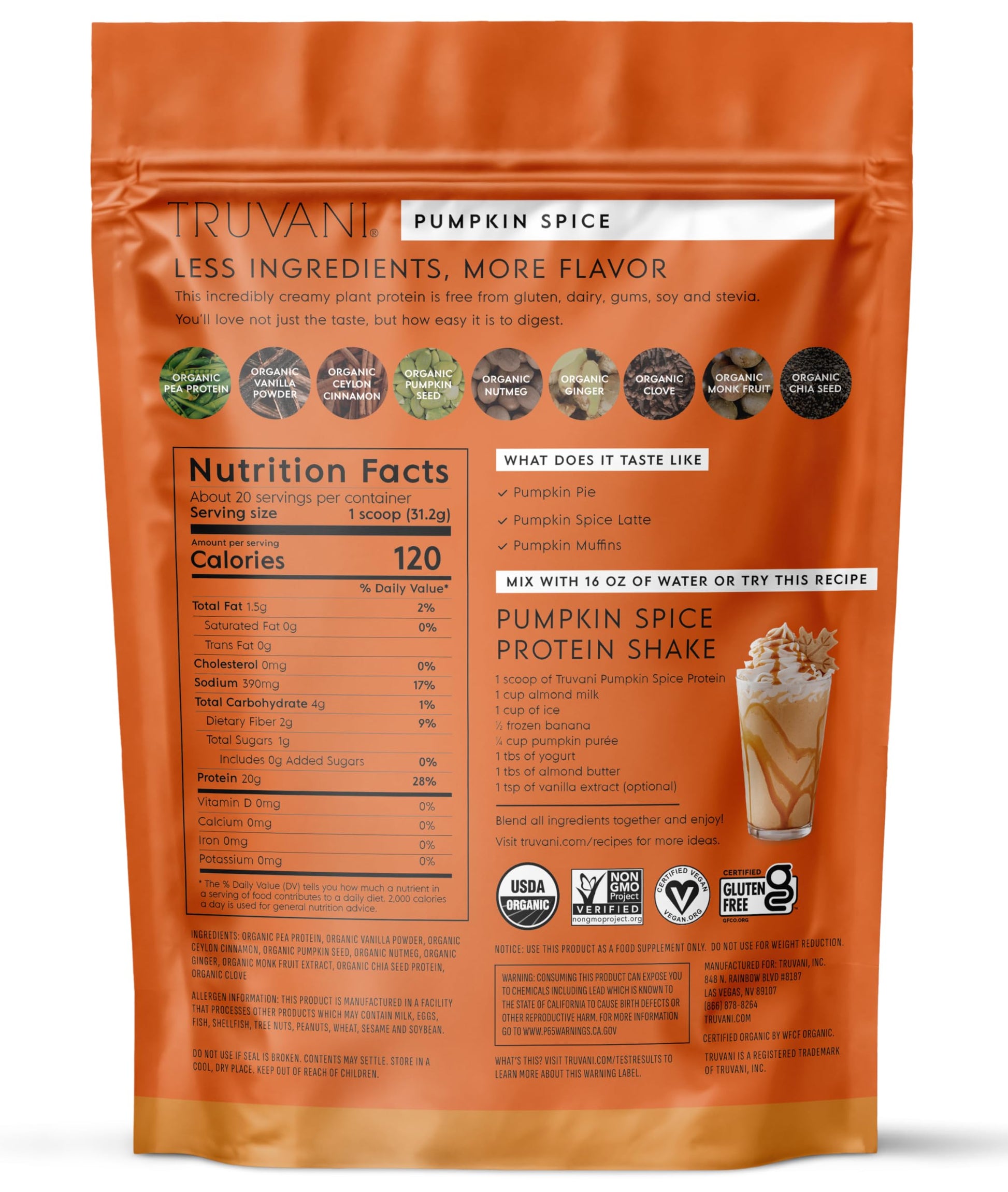 Truvani Vegan Pea Protein Powder | Pumpkin Spice | 20g Organic Plant Based Protein | 20 Servings | Keto | Gluten & Dairy Free Truvani buy supplements canada