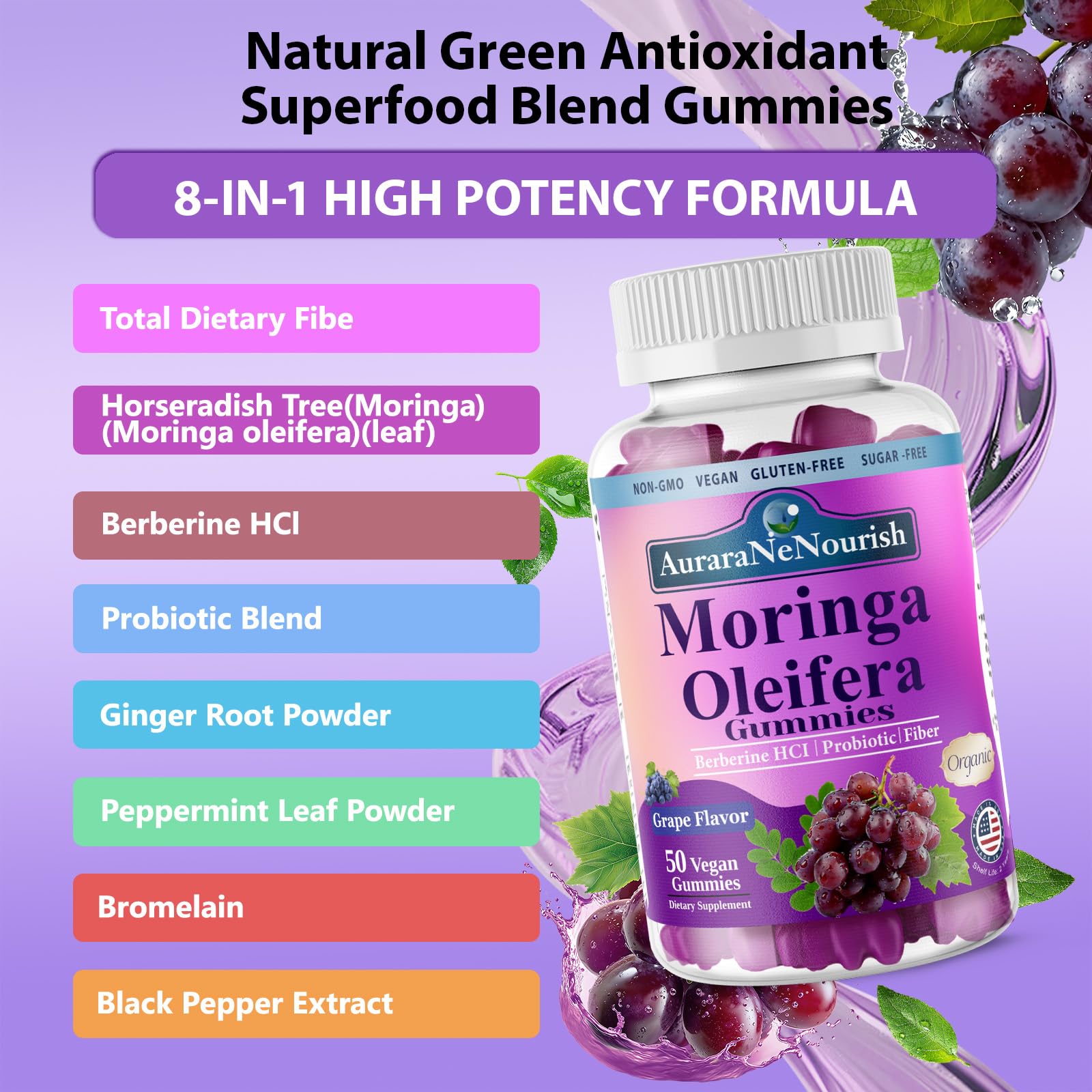 AuraraNeNourish Organic Moringa Oleifera Gummies for Women & Men, 8-in-1 Superfood Blend w. Berberine HCl & Moringa Leaf Extract for GLP-1 Support & Energy Immune Joint & Gut Health Sugar-Free AuraraNeNourish buy supplements canada