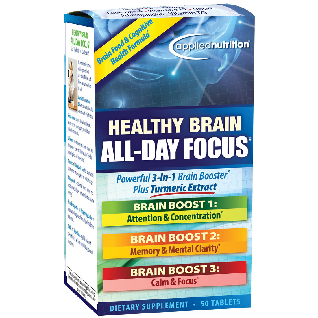 Applied Nutrition Healthy Brain All-Day Focus - 50 Tablets - Powerful 3-in-1 Brain Booster with Turmeric Extract - 25 Servings Applied Nutrition buy supplements canada