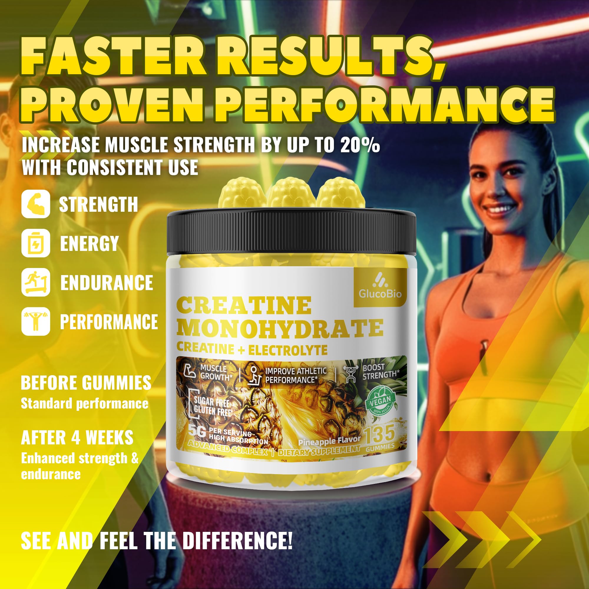 GlucoBio Creatine Monohydrate Gummies (5g) – Pre-Workout Energy & Muscle Growth Support for Men & Women | Pineapple Electrolyte Gummies (135 Count) GlucoBio buy supplements canada