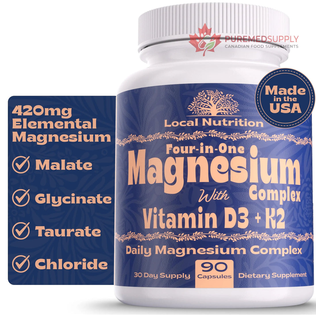 Local Nutrition Magnesium Complex 420mg with Vitamin D3 K2 - Four Bioavailable Forms Including Bisglycinate (Glycinate), Malate, Taurate, and Chloride for Superior Absorption - 90 Capsules Made in USA Local Nutrition buy supplements canada
