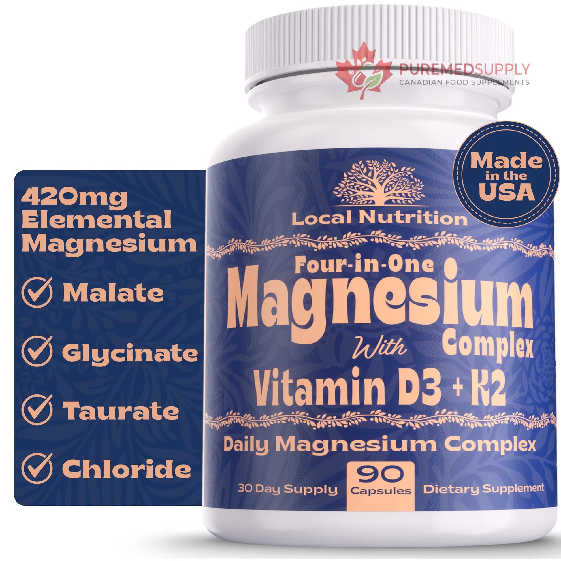 Local Nutrition Magnesium Complex 420mg with Vitamin D3 K2 - Four Bioavailable Forms Including Bisglycinate (Glycinate), Malate, Taurate, and Chloride for Superior Absorption - 90 Capsules Made in USA Local Nutrition buy supplements canada