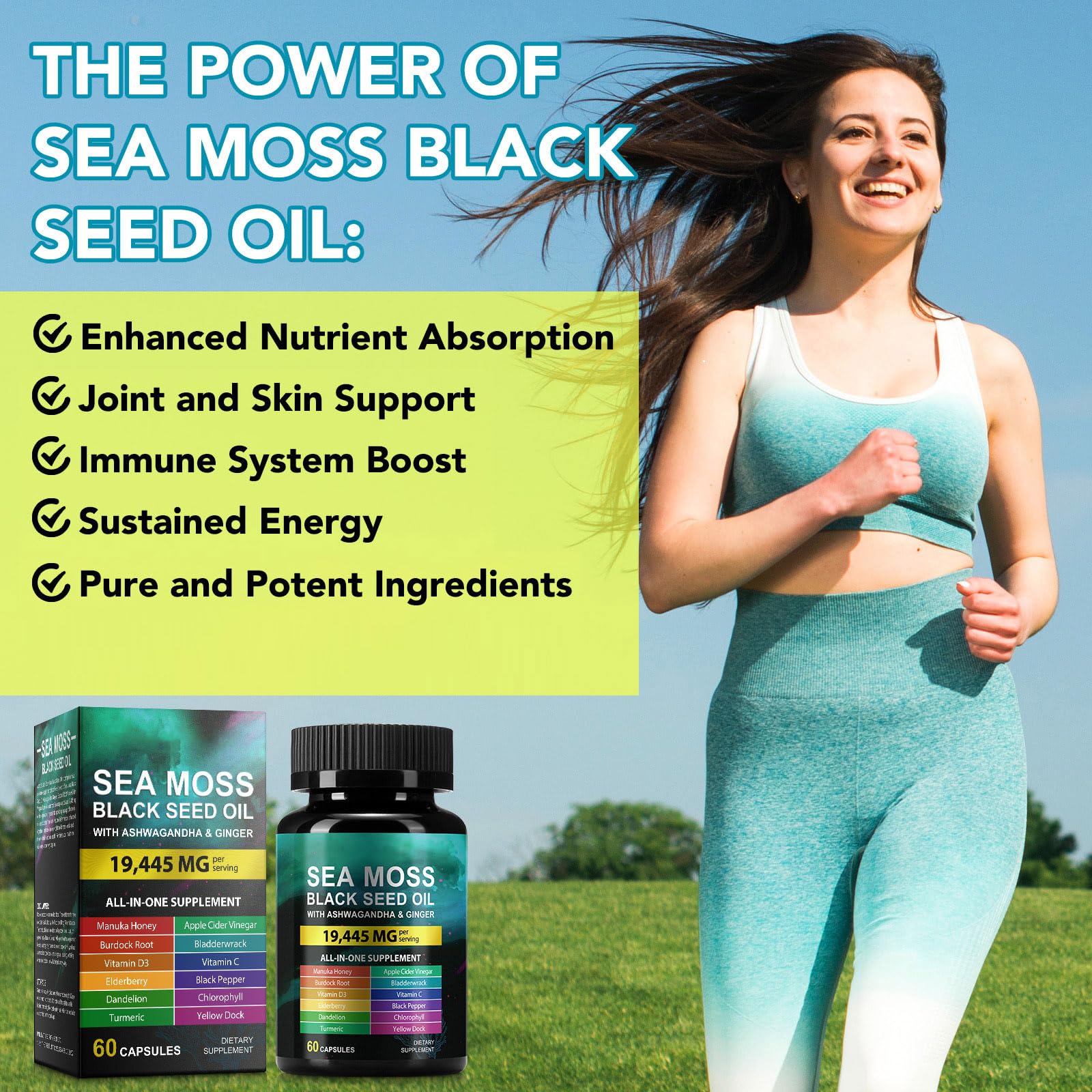 Sea Moss Black Seed Oil Ashwagandha Ginger, Sea Moss Capsule Supplement with Turmeric Burdock Root Bladderwrack Vitamin C Vitamin D3 Enhanced Immunity HUYEHF buy supplements canada