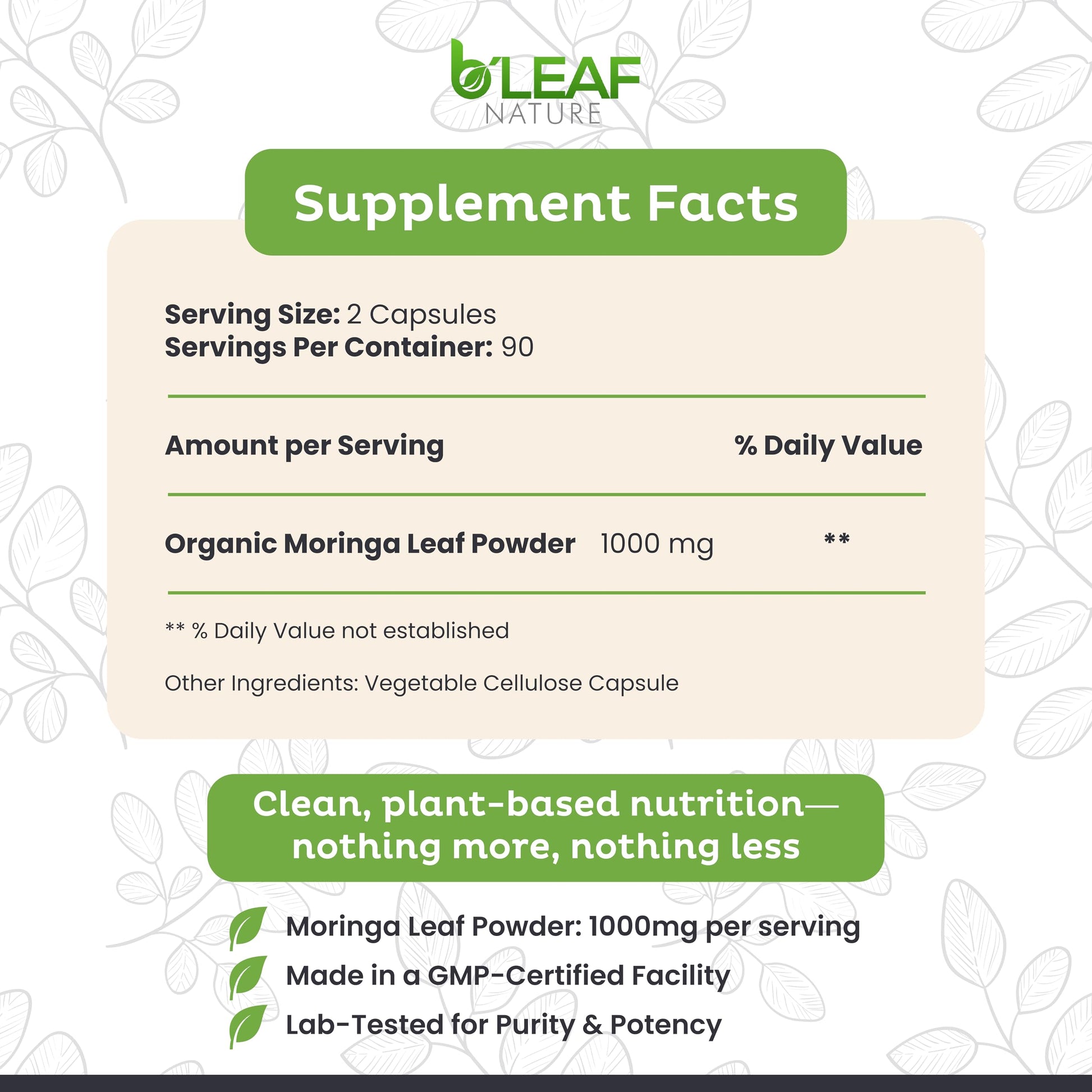 B'Leaf Nature Moringa Capsules Organic 1000mg — Pure Moringa Oleifera Leaf Powder Capsules for Energy & Immune Support B'LEAF NATURE buy supplements canada