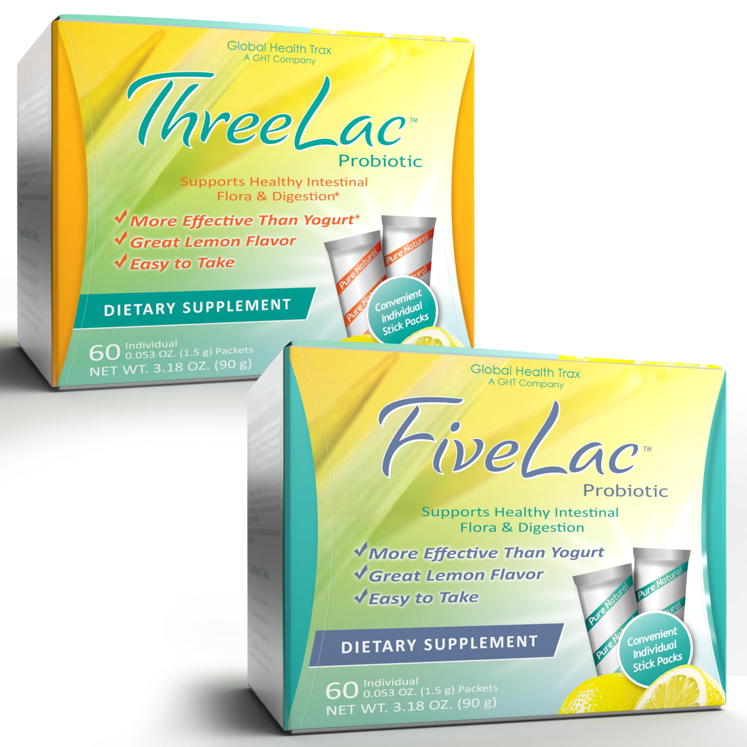Global Health Trax GHT - FiveLac + Threelac Lemon Probiotic Powder Drink Mix, Probiotics for Women, Men, Kids, Smooth Digestive Support & Elimination, Relieves Constipation & Gas - 60 Packets, Non-GMO ght Global Health Trax buy supplements canada