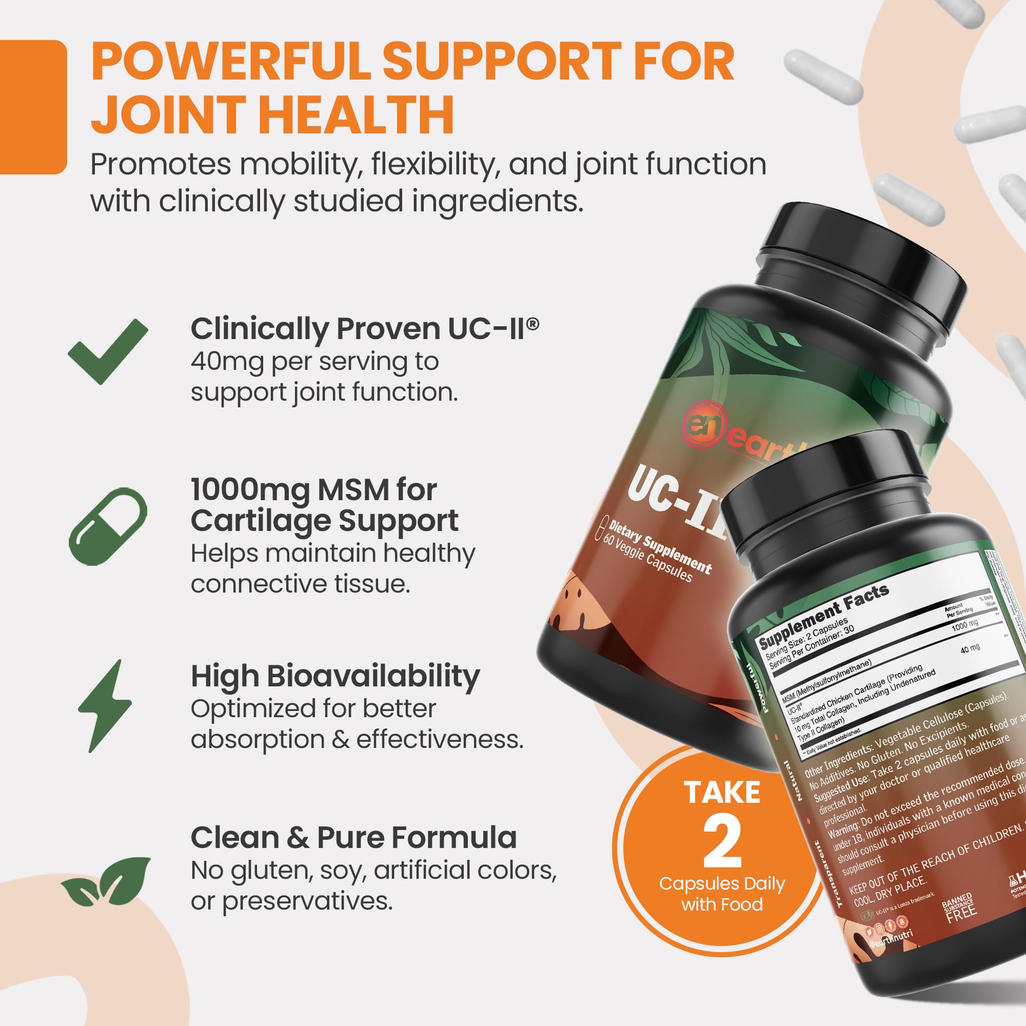 EarthNutri UC-II Collagen & MSM Supplement for Bone Health and Joint Flexibility Joint Supplement - 40mg UC-II Providing 10mg Total Collagen & 1000mg MSM - 60 Capsules (2 Caps Daily) EarthNutri buy supplements canada