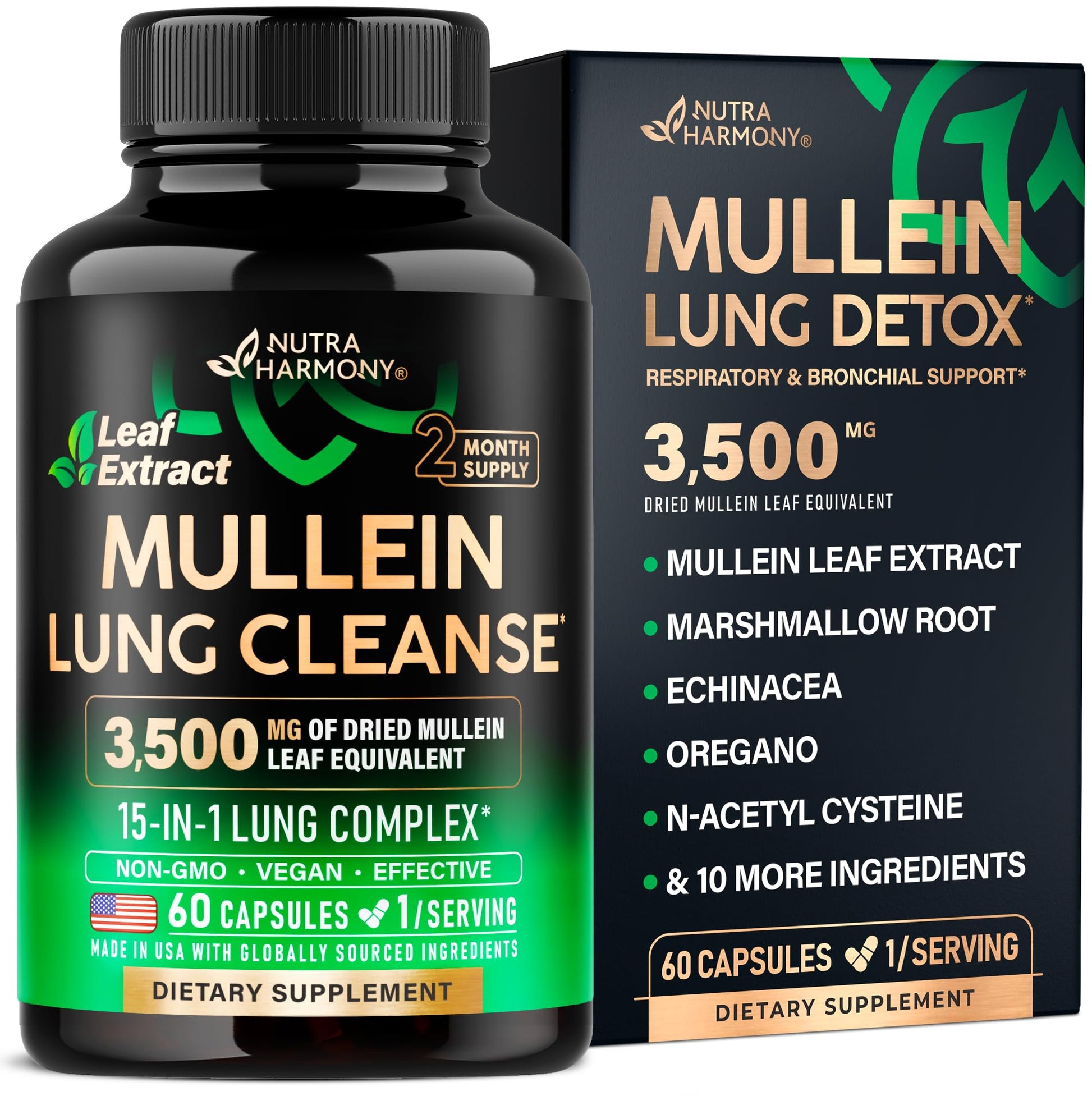 Mullein Lung Detox - Mullein Leaf Extract - Marshmallow Root | Echinacea | Oregano | Quercetin | NAC - 15-in-1 Lung Support & Cleanse for Smokers Supplement NUTRAHARMONY buy supplements canada