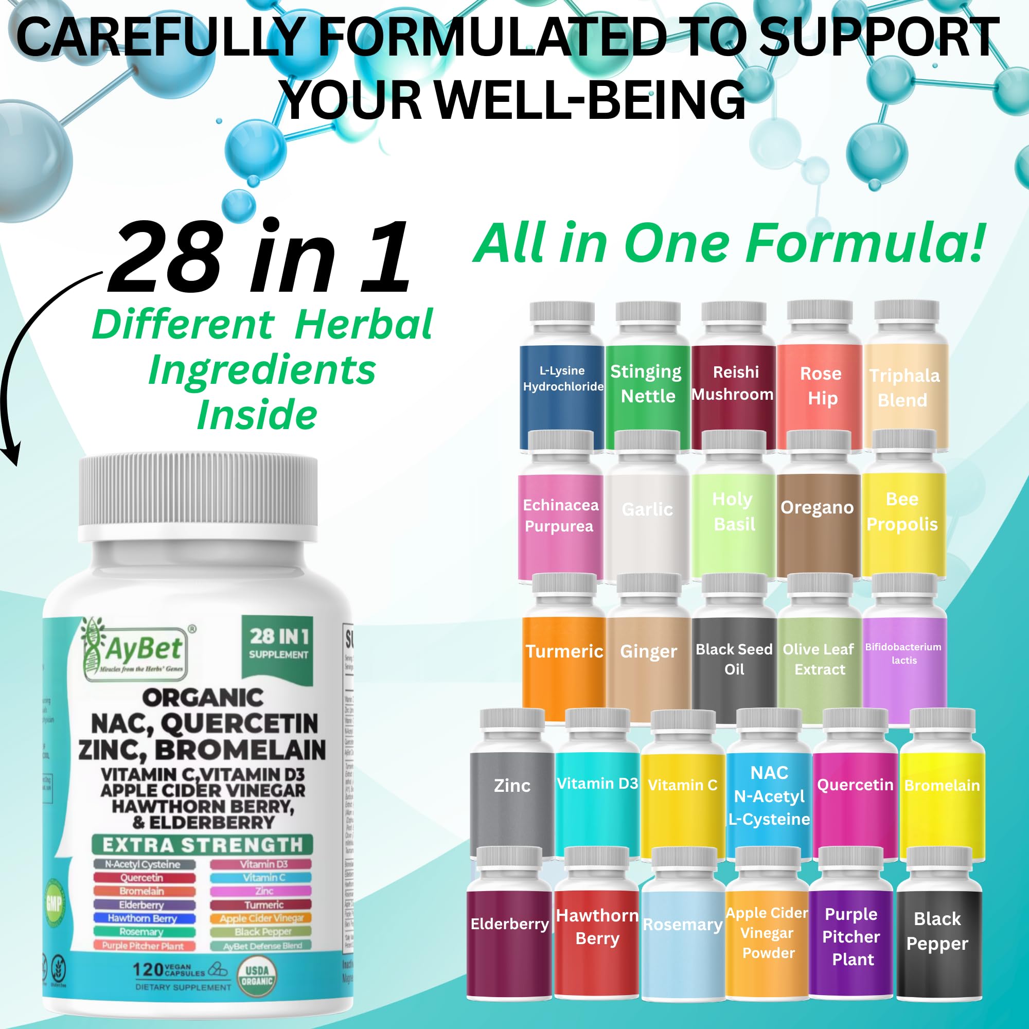 NAC-n-acetyl cysteine- Quercetin Zinc Bromelain Supplement | Extra Strength with Vit C, D3, Apple Cider Vinegar, Elderberry, Hawthorn Berry, Turmeric | Immune Support|120 Vegan Capsules | USDA Organic AyBet buy supplements canada
