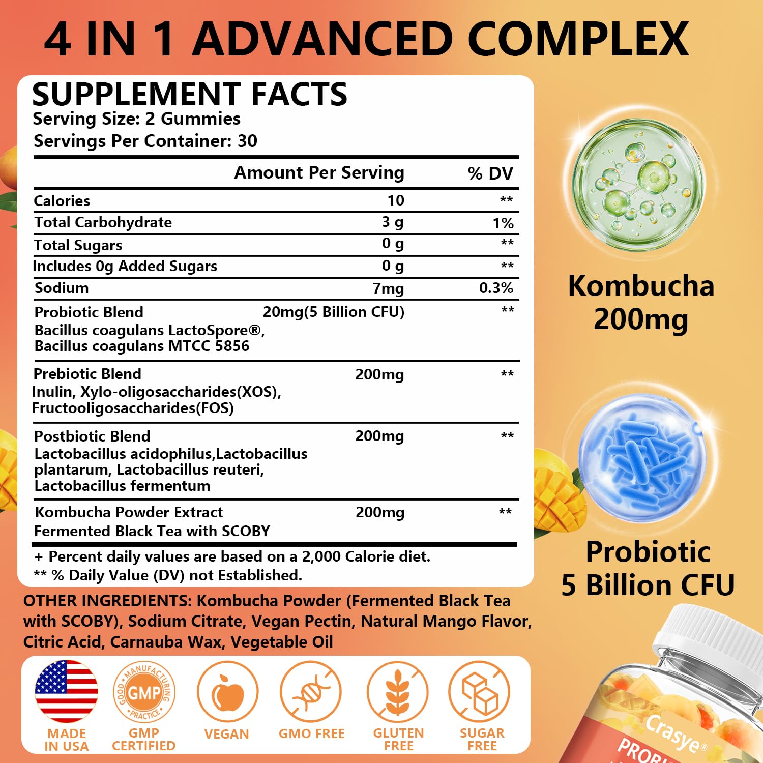 Crasye Probiotic Kombucha Gummies Sugar Free Prebiotic Postbiotic Probiotics Gummy for Women and Men Bloating Gut Health Immune and Digestive Support - 60 Gummies - 30 Servings Crasye buy supplements canada