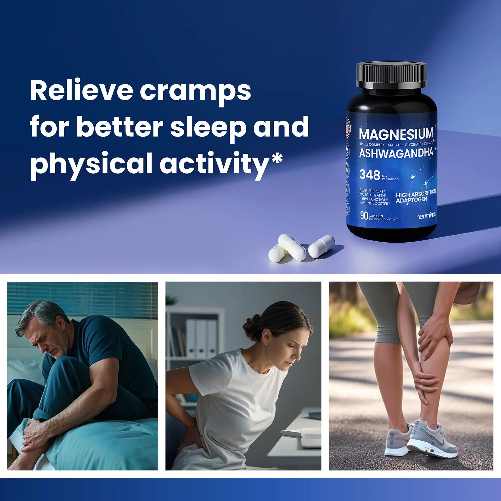 Magnesium Ashwagandha Complex | High-Absorption Multi Magnesium Supports Stress Relief, Sleep, Muscle & Heart Health | Vegan, Non-GMO, Gluten-Free, Made in USA, 90 Capsules((45-Day Supply) NEUMINA buy supplements canada