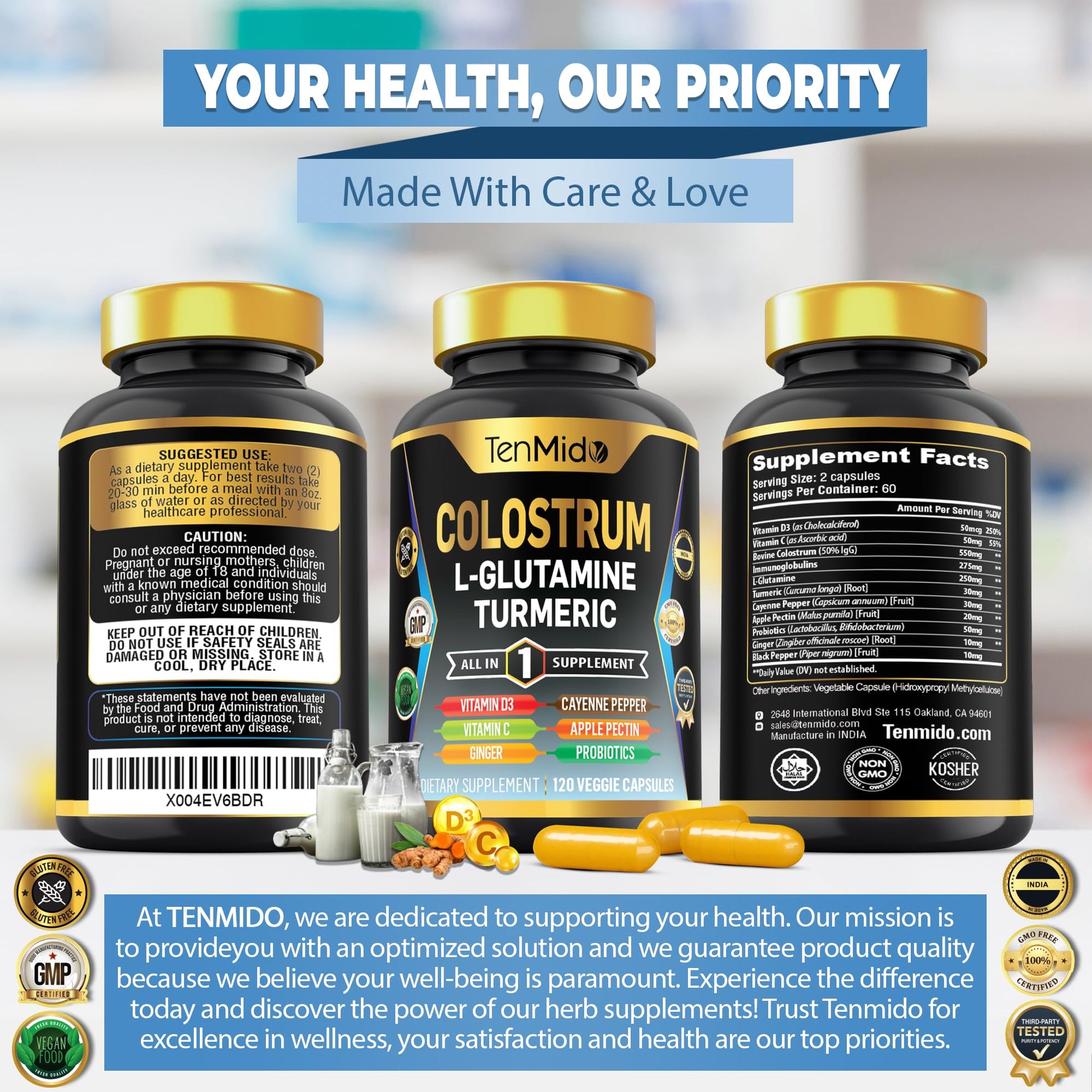 Tenmido Colostrum Supplement - 10in1 Formula - Combine with L- Glutamine, Turmeric, Cayenne Pepper, Apple Pectin, Probiotics, Ginger, and More - Digestive Health, Immune Support - 120 Capsules Tenmido buy supplements canada