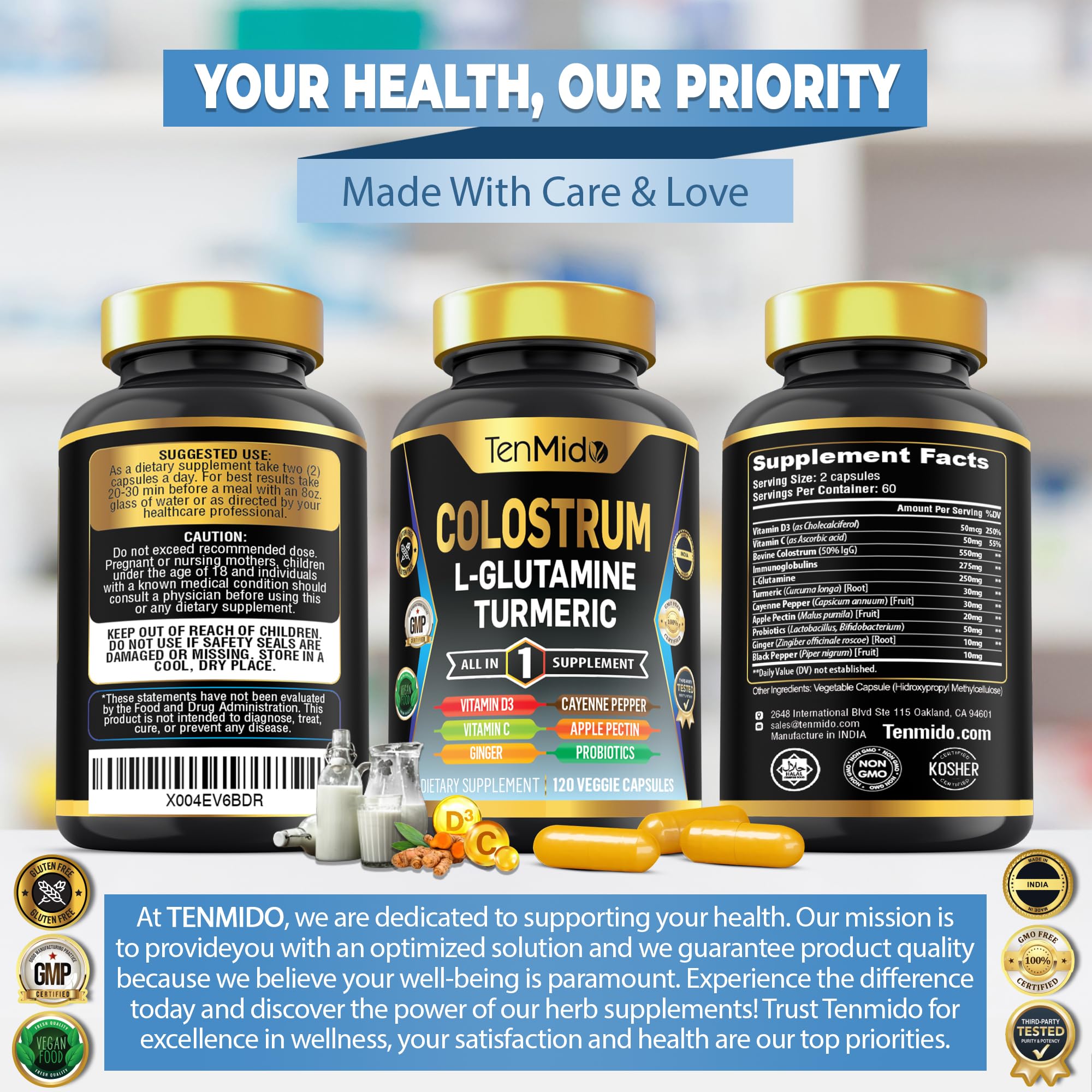 Tenmido Colostrum Supplement - 10in1 Formula - Combine with L- Glutamine, Turmeric, Cayenne Pepper, Apple Pectin, Probiotics, Ginger, and More - Digestive Health, Immune Support - 120 Capsules Tenmido buy supplements canada