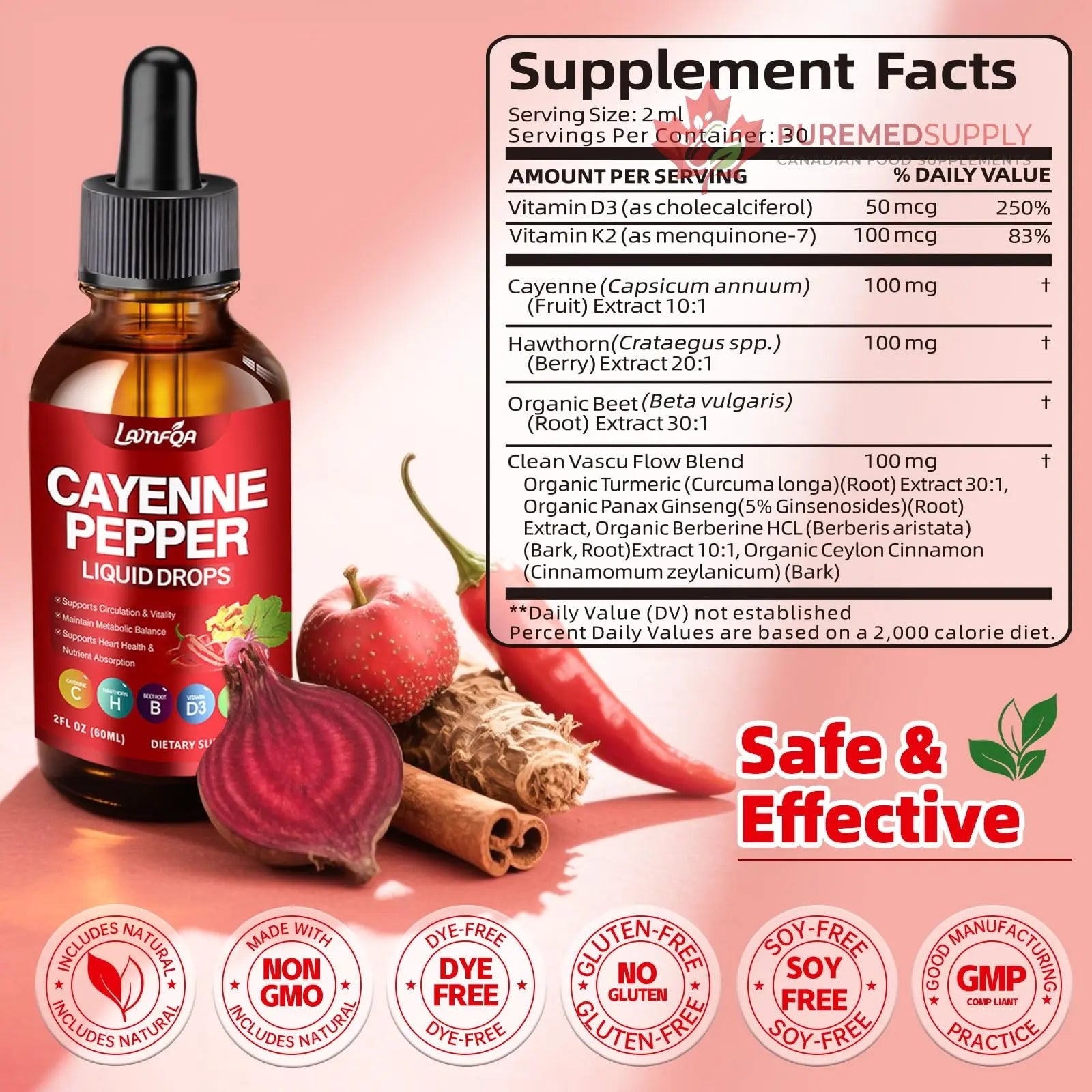 Cayenne Pepper Liquid Drops - Potent Blend with Hawthorn Berry, Turmeric Curcumin, Vitamin D3 K2, Beet Root & Panax Ginseng - Vegan, Non-GMO, High Absorbed Gentle Formula - 2 OZ LAMFQA buy supplements canada