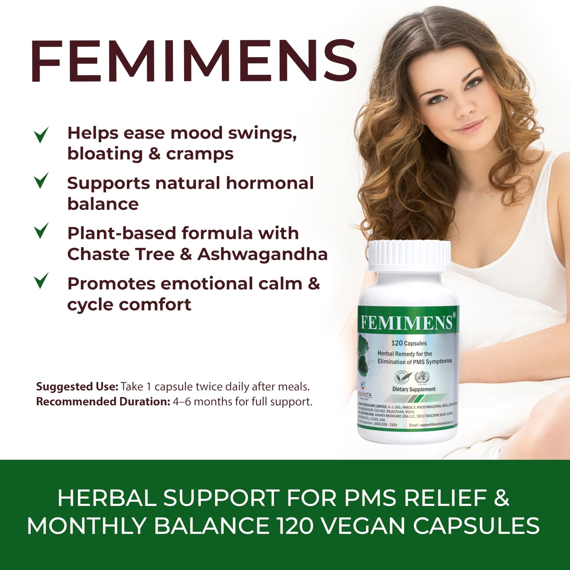 FEMIMENS – PMS Support Supplement for Women – PMS Relief for Women & Menstrual Cramp Relief – Hormonal Balance for Women – Chasteberry Vitex, Ashwagandha, Ginger, Fenugreek – 120 Vegan Capsules Ananta Medicare USA buy supplements canada