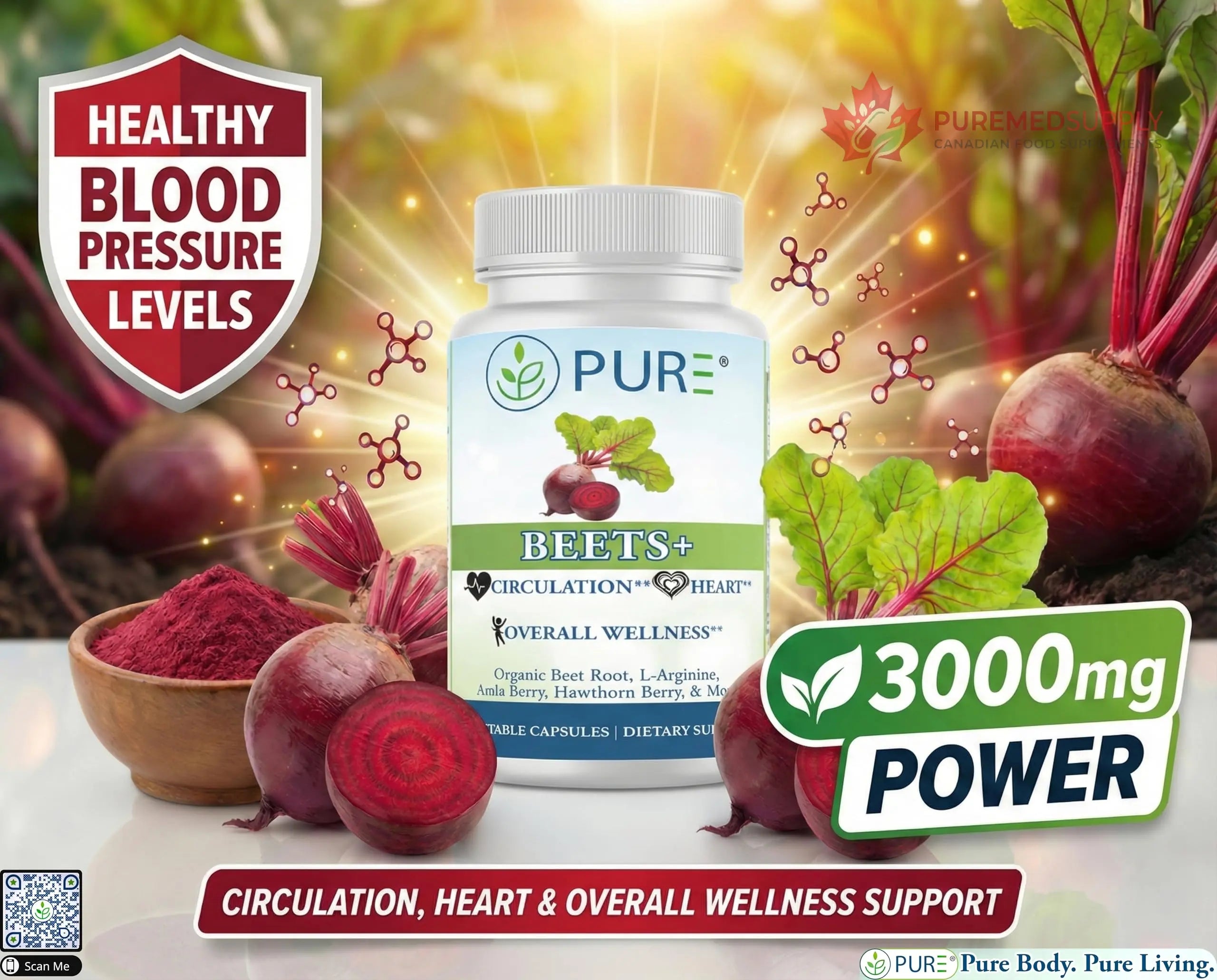 PURE® Beets+ Organic Beet Root Capsules - 900mg - 90 Count, 30 Servings - Blood Pressure & Circulation Support Supplement - with L-Arginine, Hawthorn Berry & B12 - Cardiovascular Health - Made in USA PURE buy supplements canada
